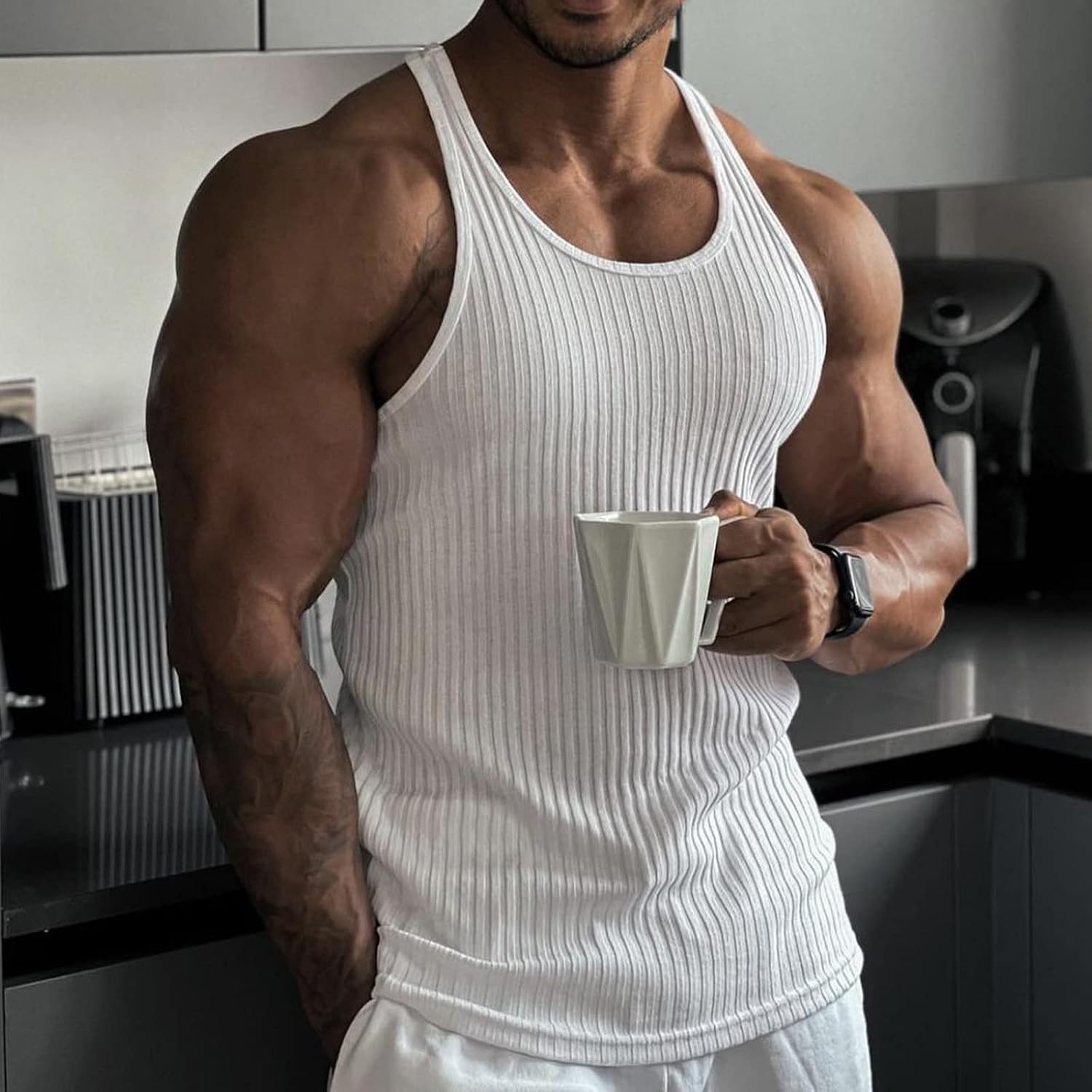 Ymosrh Men's Tank Tops Spring/Summer Knit Vertical Stripe Bodybuilding Fitness Vest I-Line Sleeveless Shirts for, S-3XL