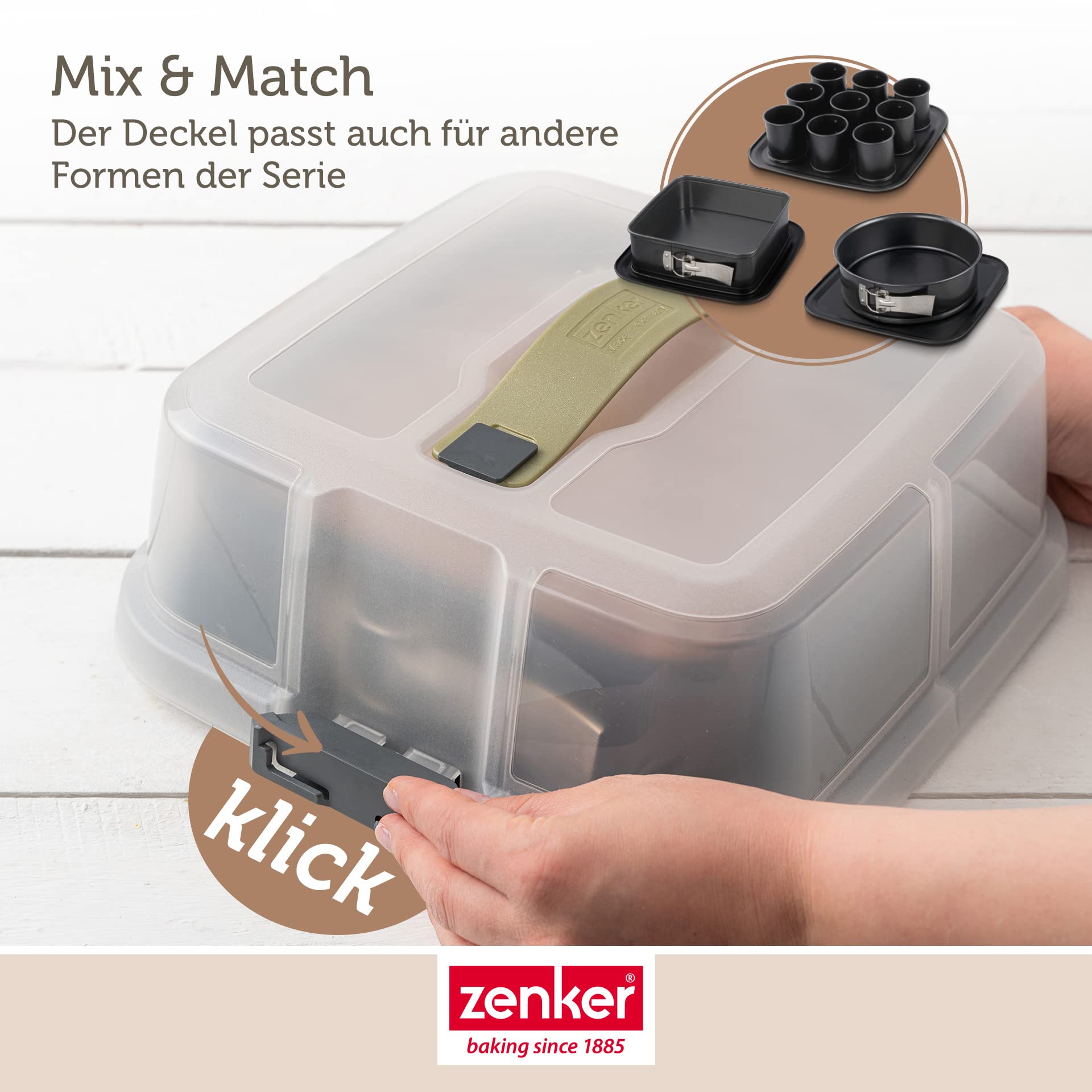 Zenker Bake, Click & Go blacha do tortów z pokrywką – 29 x 29 x 7 cm – forma do pieczenia z pasującą pokrywką do bezpośredniego transportu – forma do pieczenia i transportu