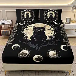 AILONEN Jogo de lençol Queen com tema de gato preto com 3 peças, ramos noturnos e folhas iluminadas pela lua, temática de animais kawaii, para decoração de quarto, 1 lençol com elástico e 2 fronhas