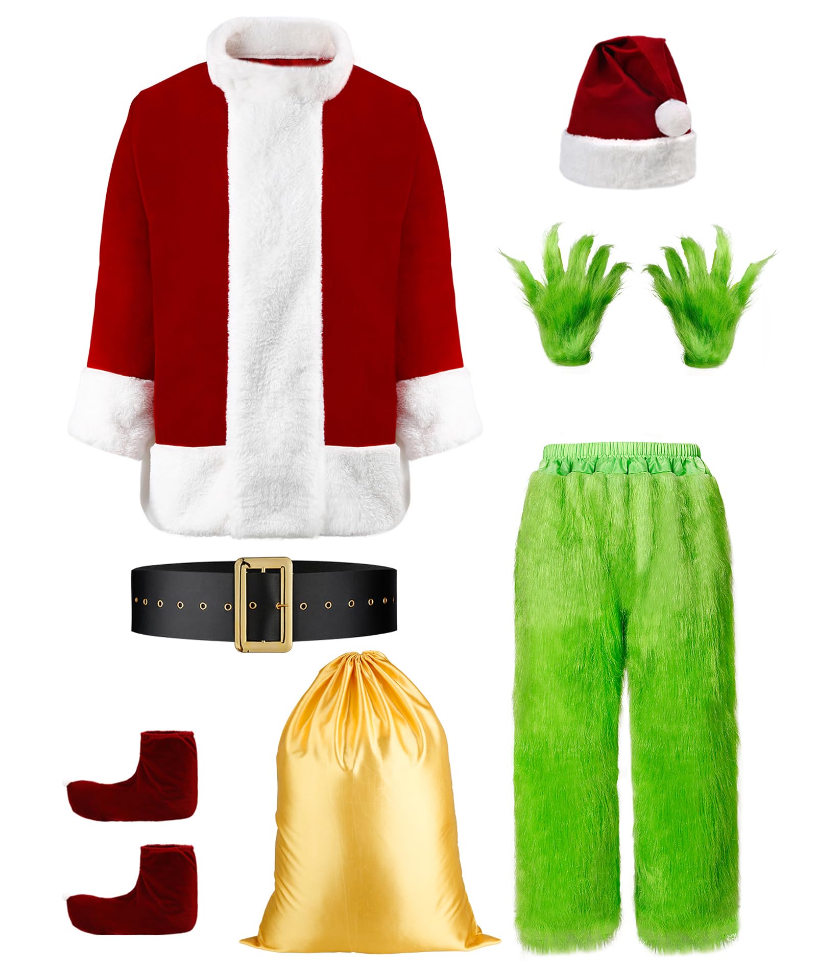 Christmas Santa Costumes Adult Funny Cosplay 8pcs Green Santa Costume Mens Luxury Velvet Santa Claus Costume for Men