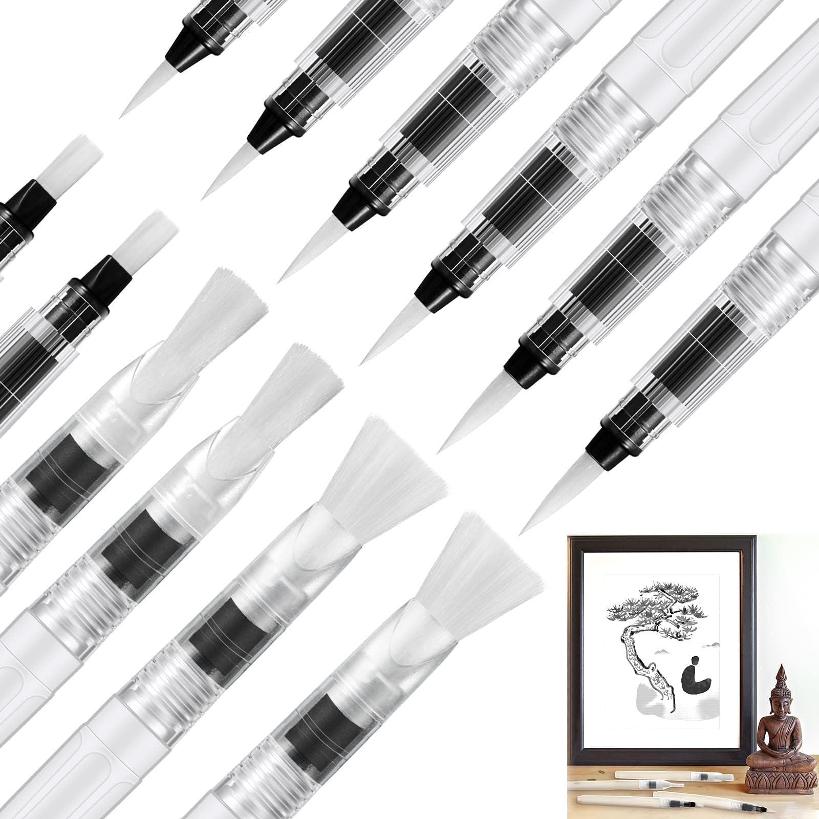 12 Pcs Water Painting Pen Set Refillable for Buddha Board Watercolor Paint Pens for Buddha Relaxation Meditation Painting Watercolor Brush Pens with Assorted Tips