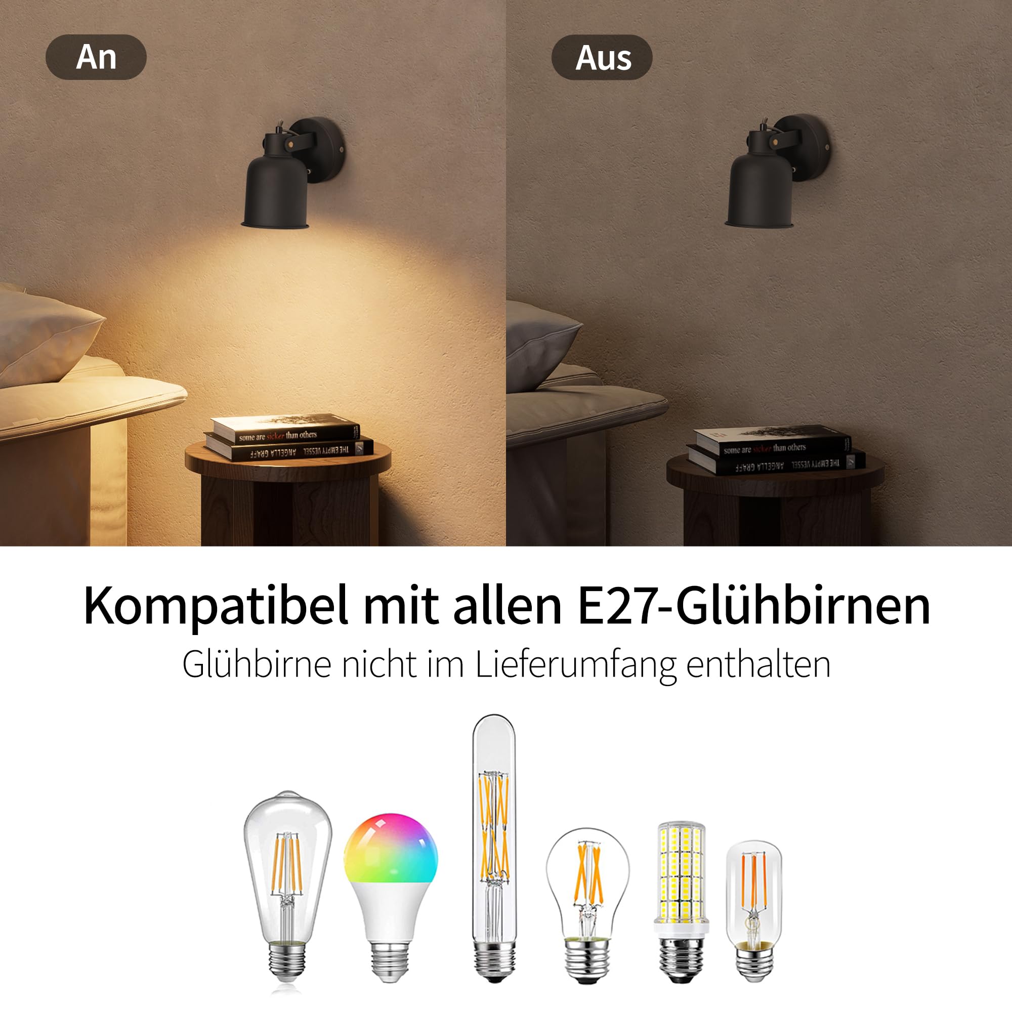 Aisilan Black Wall Light, Modern Bedside Lights with E27 Socket, Indoor Bedroom Lighting - Image 2