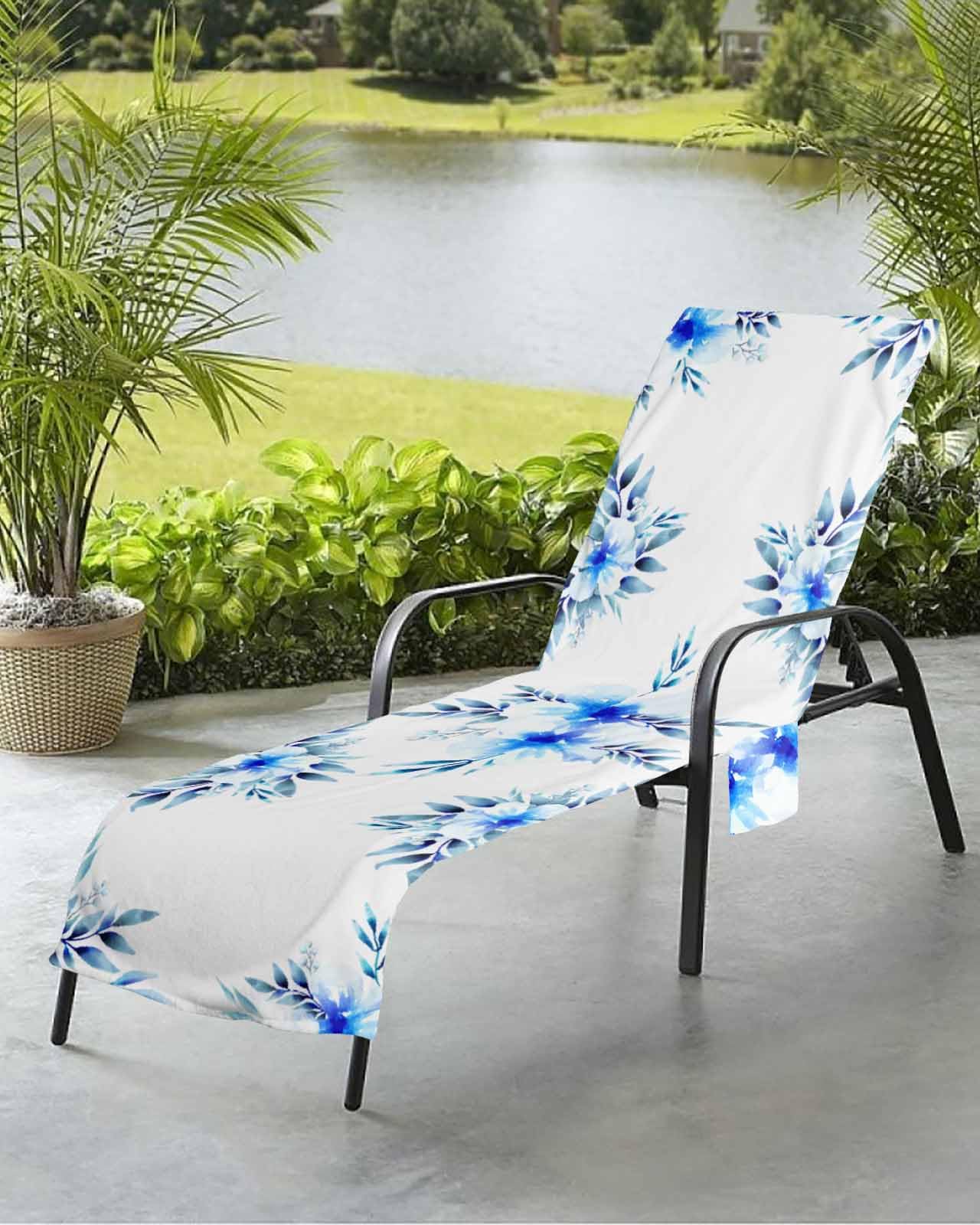 Modern Abstract Flower Beach Chair Towel Covers for Chaise Lounge with Side Pocket, Soft Plush Pool Towels Cover for Patio Sunbathing Outdoor 29''x85'' Pastoral Blue Watercolor Leaves