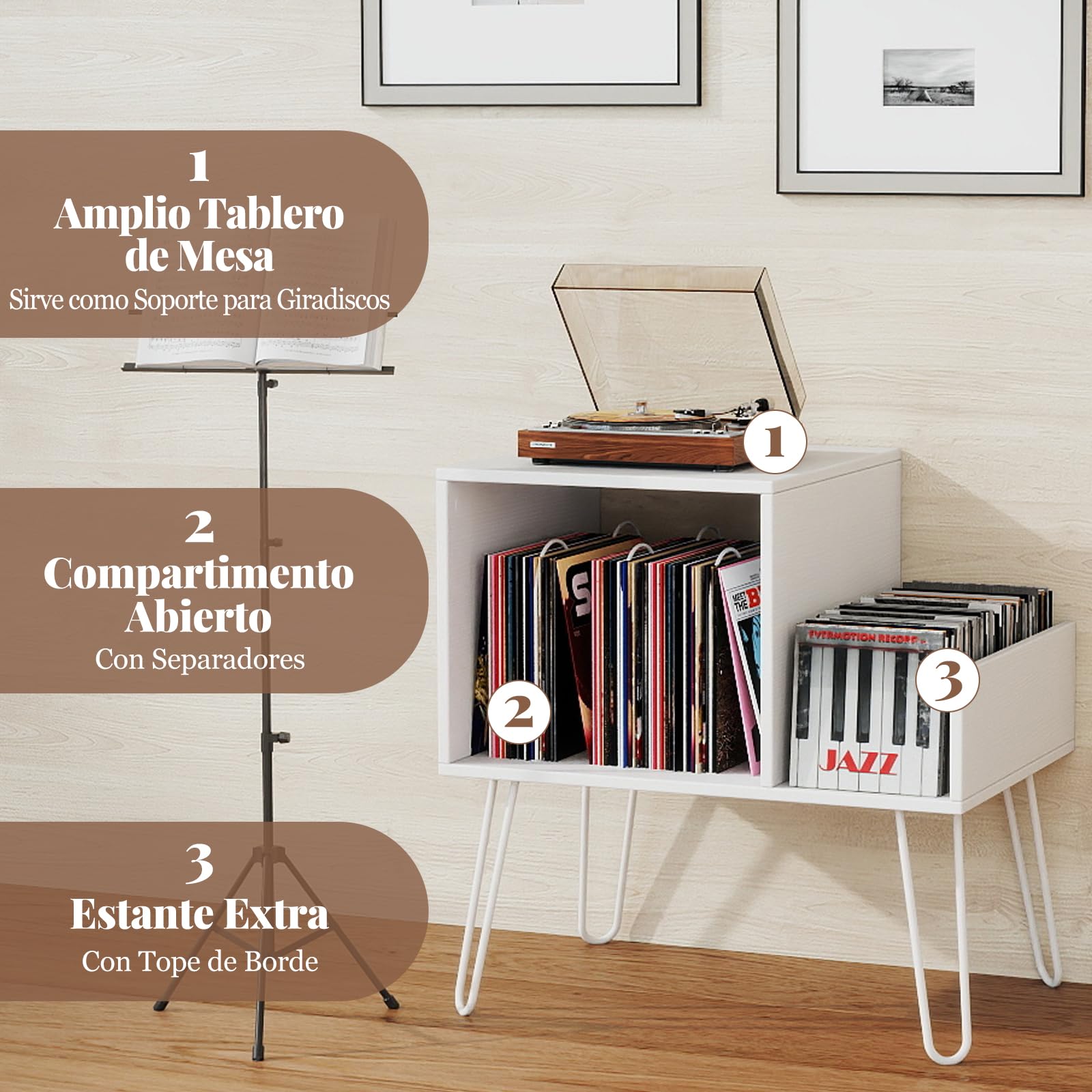 COSTWAY Mueble Tocadiscos con Estación de Carga, Soporte Tocadiscos con Divisor de Vinilos, Estante de Exhibición y Patas de Metal, Mesa Auxiliar de Discos hasta 145 Álbumes, 66x45x67 cm (Blanco)