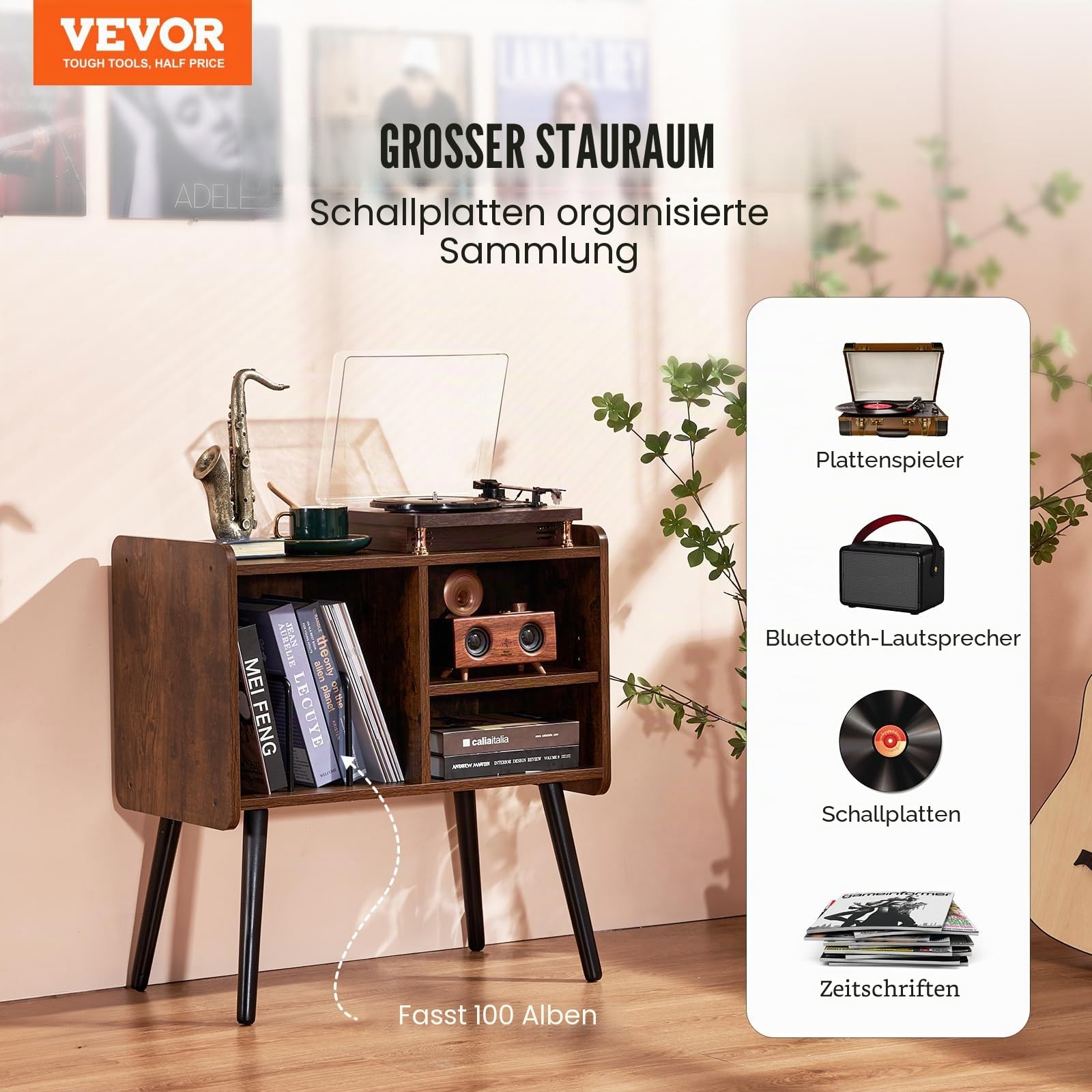 VEVOR Plattenspielerständer mit abnehmbaren Regalen, Schallplattenständer mit Aufbewahrung für bis zu 100 Alben, Vinyl-Schallplattenschrank Plattenspielertisch höhenverstellbar für Wohnzimmer