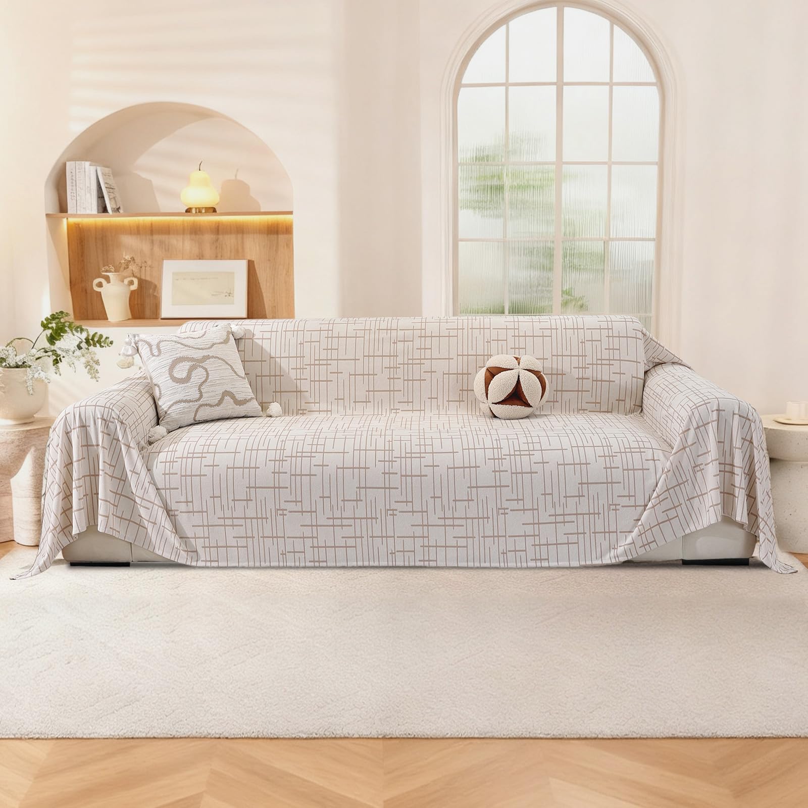 YSTELLAA Funda Sofa 3 Plazas, 200x340 CM, Cubre Sofas Multipurpose con Reposabrazos, Sofa Cover For All Seasons, Funda Sofá Stain-Resistant, Beige