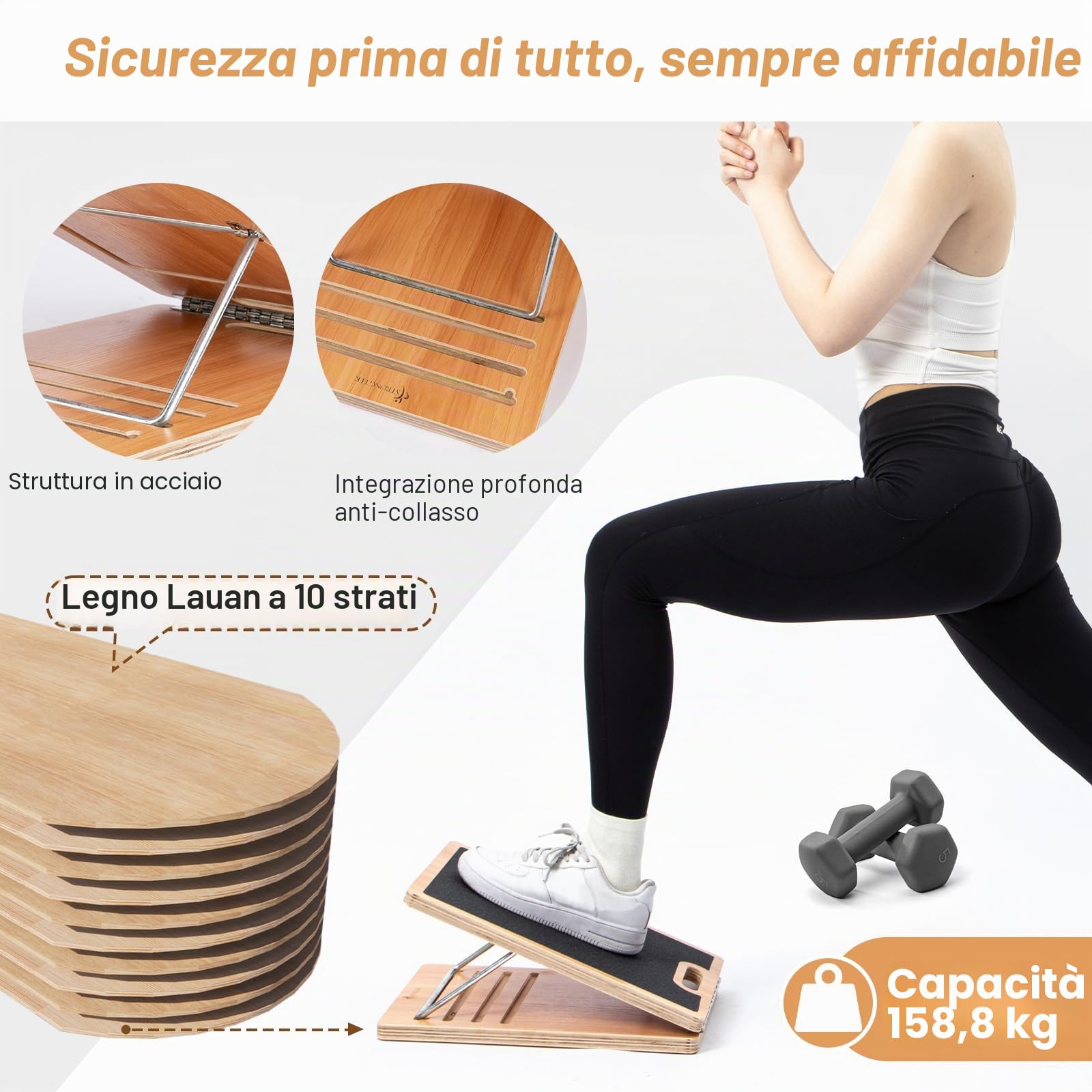 StrongTek Tavola inclinata portatile in legno, larga 33 cm, inclinabile a 5 livelli (15°-35°), impugnatura inferiore, adatta per principianti e riabilitazione, superficie antiscivolo per stretching