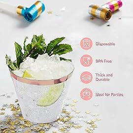 Prestee 100 Rose Gold Plastic Cups - Rose Gold Plastic Cups 9 oz - Party Decorations - Disposable Wine Cup - Clear Cup - Bulk Party Wine Glasses