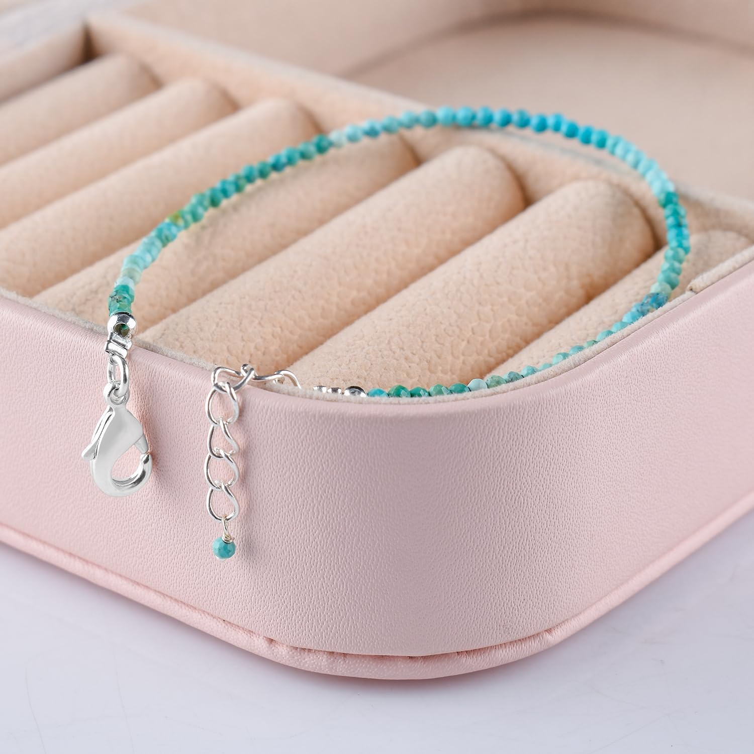 YANARA Real Turquoise Bracelet For Women Genuine Gemstone, Natural December Birthstone, Handmade Simple Bracelet, Gorgeous Micro Beads Chakra Jewelry, Crystals Silver Plated Chain 8 inch - Image 3