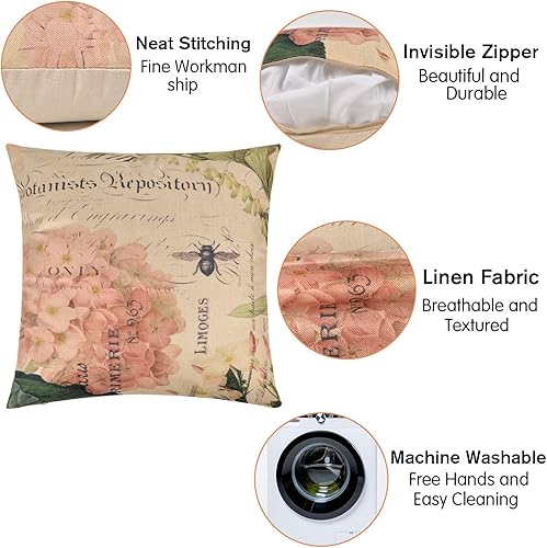 Miniatura 9 de ChezMax Funda de cojín con estampado de flores clásicas de mezcla de lino, funda de almohada cuadrada decorativa de algodón, 18 x 18 pulgadas