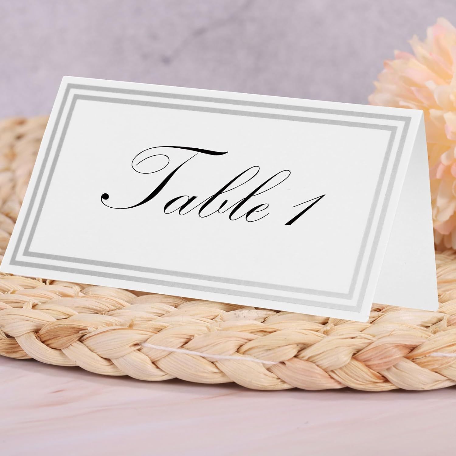 MECCANIXITY 20pcs Place Cards, Line Border Printable Place Name Cards for Table Setting Wedding Dinner Parties Events Reserved Seating, White Silver Double Line