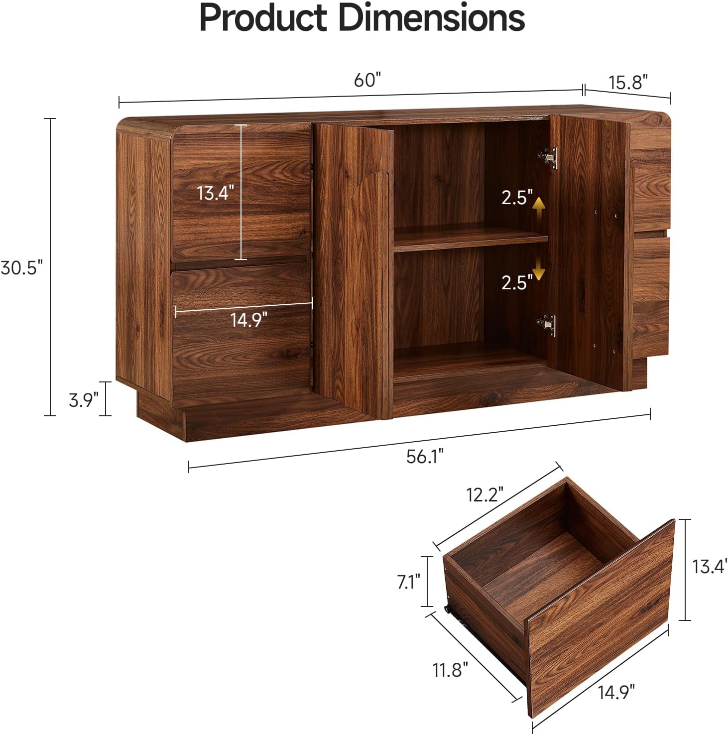 ONBRILL 60 Inch Sideboard with 4 Drawers & Adjustable Shelves, Curved Design Buffet Cabinet with Arched Doors, Mid Century Modern Accent Cabinet for Dining Room/Living Room/Entryway, Walnut
