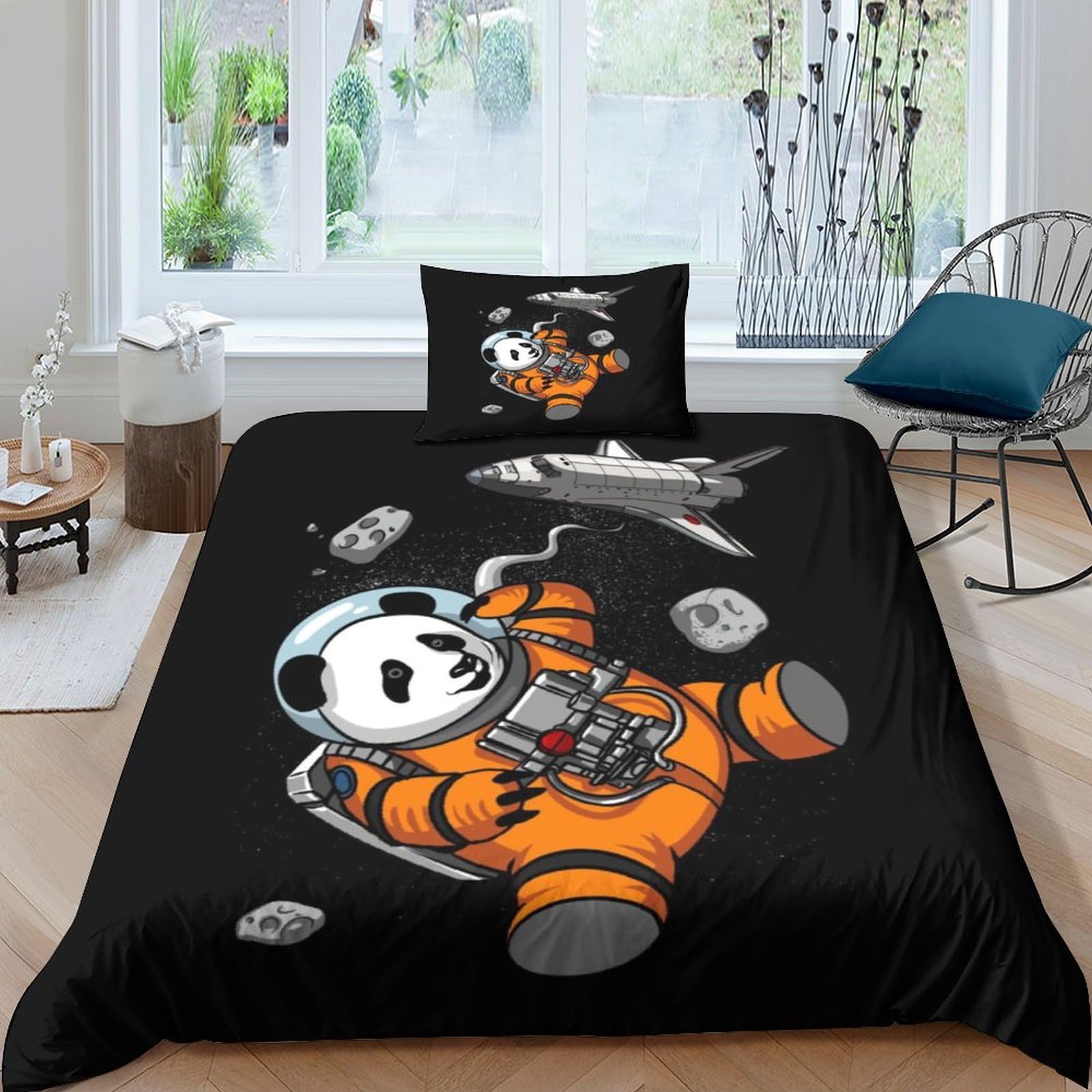 Housse de couette astronaute 3D fermeture éclair parure de lit microfibre anti-plis Panda Spatial
