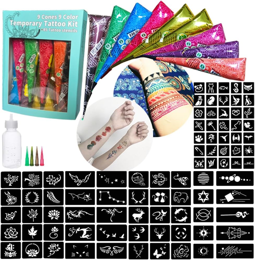 9 Pcs 9 Color Temporary Tattoo Kit, with 5 Page total 85 Tattoo Stencils Sticker India Temporary Body Art Paint Ink Set, Brown, Black, Maroon, Red, Blue, Green
