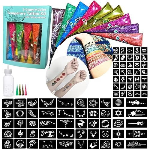 Miniatura 1 de Kit de tatuaje temporal de 9 piezas, 9 colores, con 5 páginas en total, 85 plantillas de tatuaje, calcomanías indias, juego de tinta de pintura