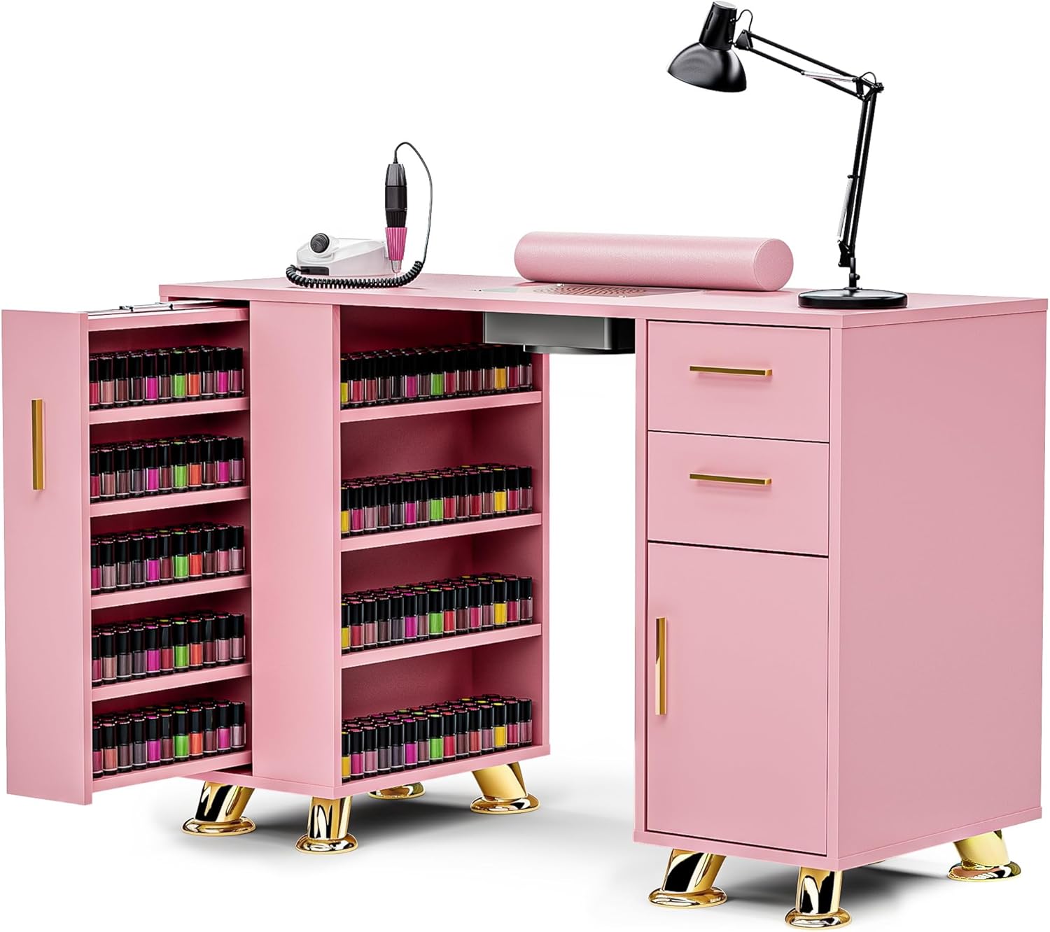 Manicure Table with Dust Collector, Modern Nail Station Nail Desk for Nail Tech with Wrist Rest, Storage Drawer & Cabinet, Beauty Salon Workstation, Pink
