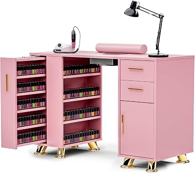Manicure Table with Dust Collector, Modern Nail Station Nail Desk for Nail Tech with Wrist Rest, Storage Drawer & Cabinet, Beauty Salon Workstation, Pink