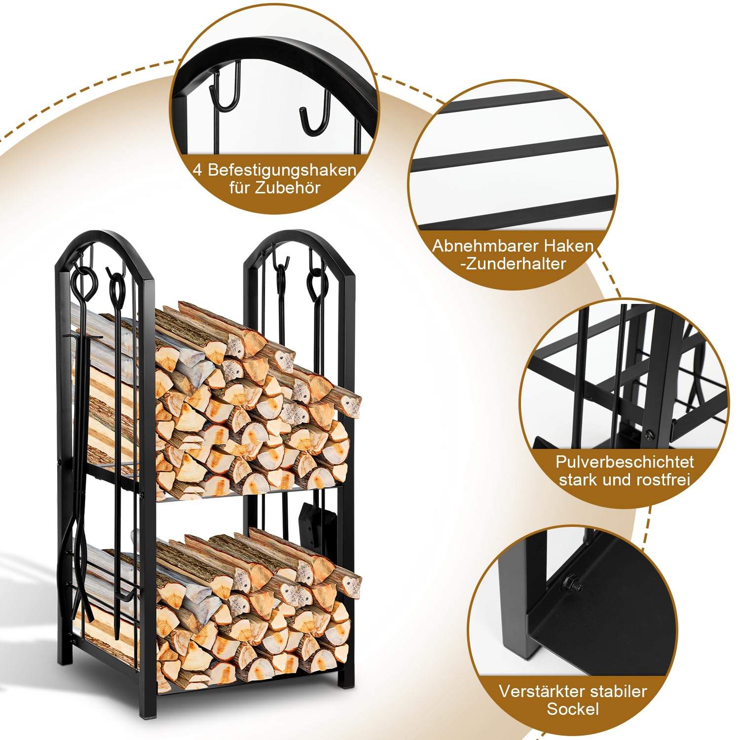 37x33x74cm Soporte de Madera de 2 Niveles Metálico Leñera Registro de Leña con 4 Herramientas Estantería para leña Soporte para Leña para Interiores y Exterior