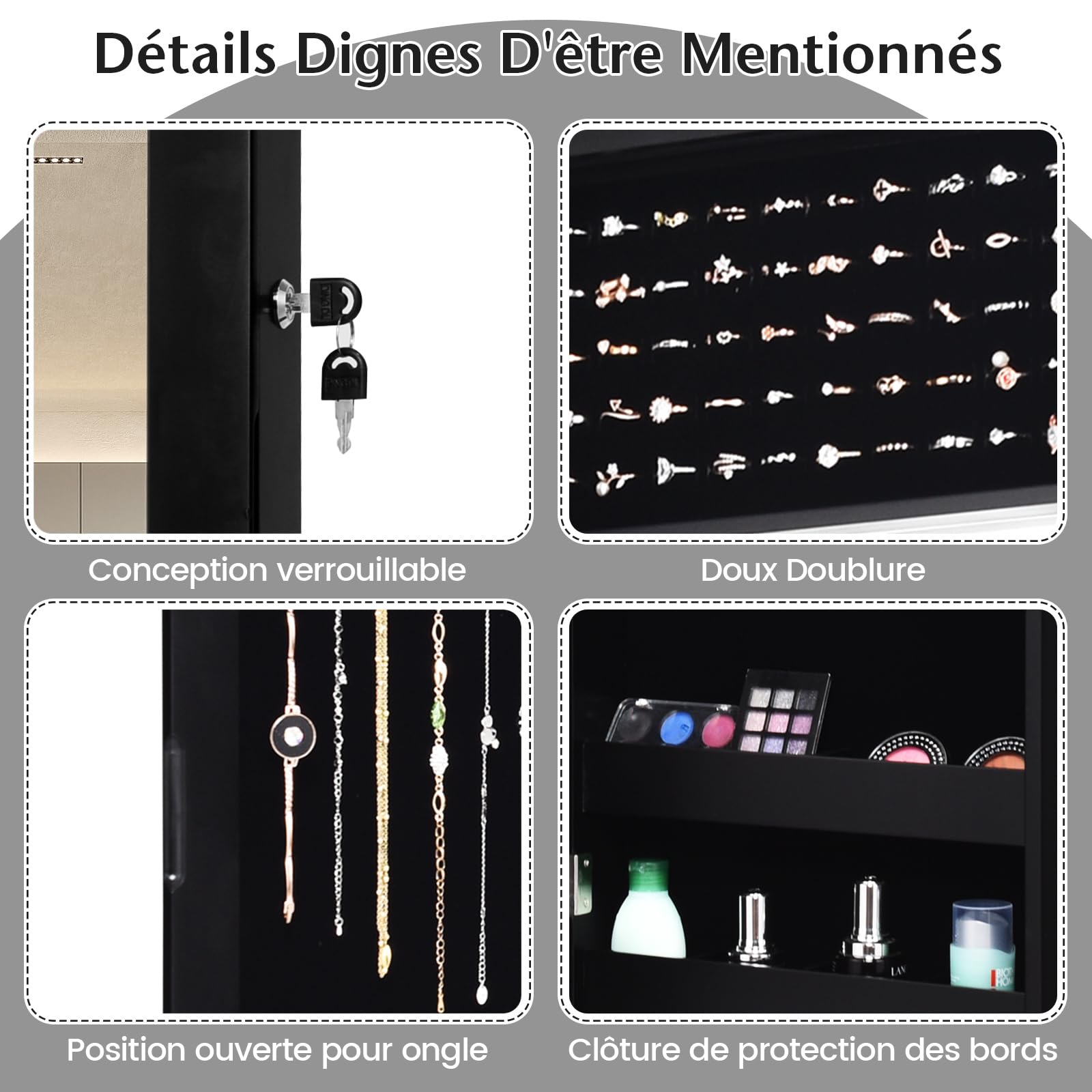 COSTWAY Armoire à Bijoux Murale avec Miroir 12 LED, Meuble de Rangement Verrouillable Pleine Longueur, Organisateur de Bijoux avec Étagères de Rangement, Style Scandinave, Noir