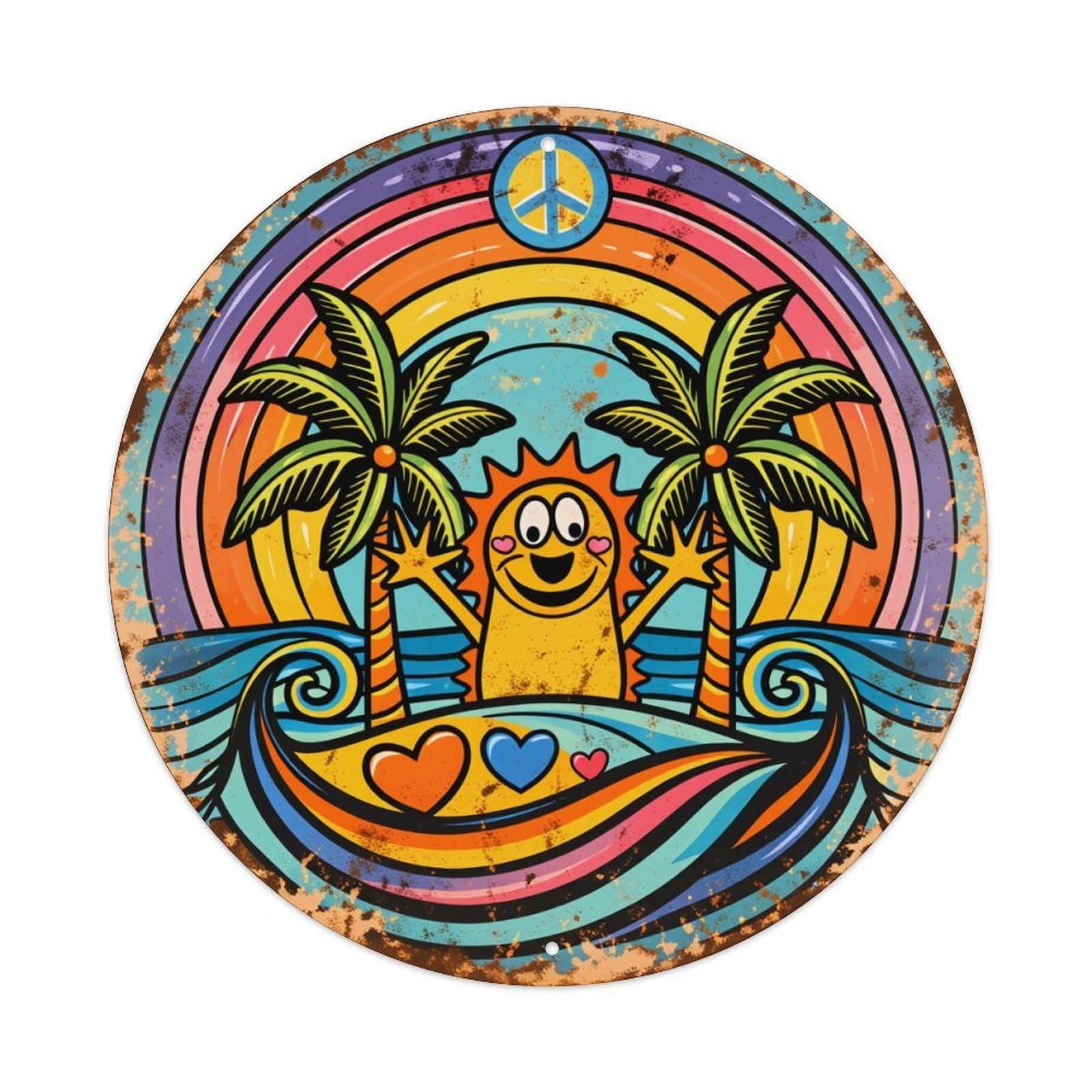 Peaceful Rainbow Palm Sun Waves Vintage Metal Tin Sign Retro Wall Decor for Home Bar Garage Cafe, Indoor & Outdoor Decorative，circle Metal Poster, 8x8 Inch