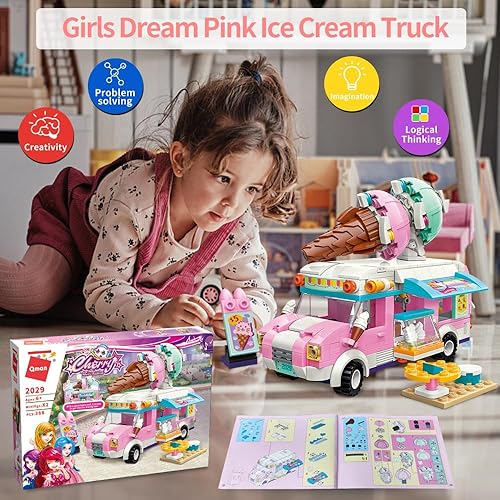 Miniatura 7 de QMAN Juego de juguetes de construcción para niñas, camión de helado rosa, juguete de ladrillos de construcción, juguete de vehículo de venta de