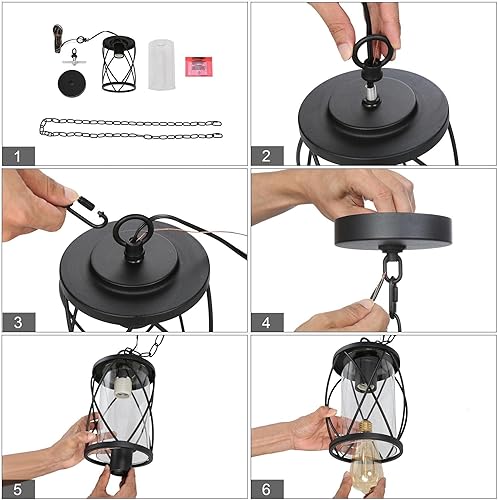 Miniatura 8 de Lámpara colgante al aire libre para porche, luces colgantes negras para exteriores, lámpara colgante exterior de granja con jaula de metal, pantalla