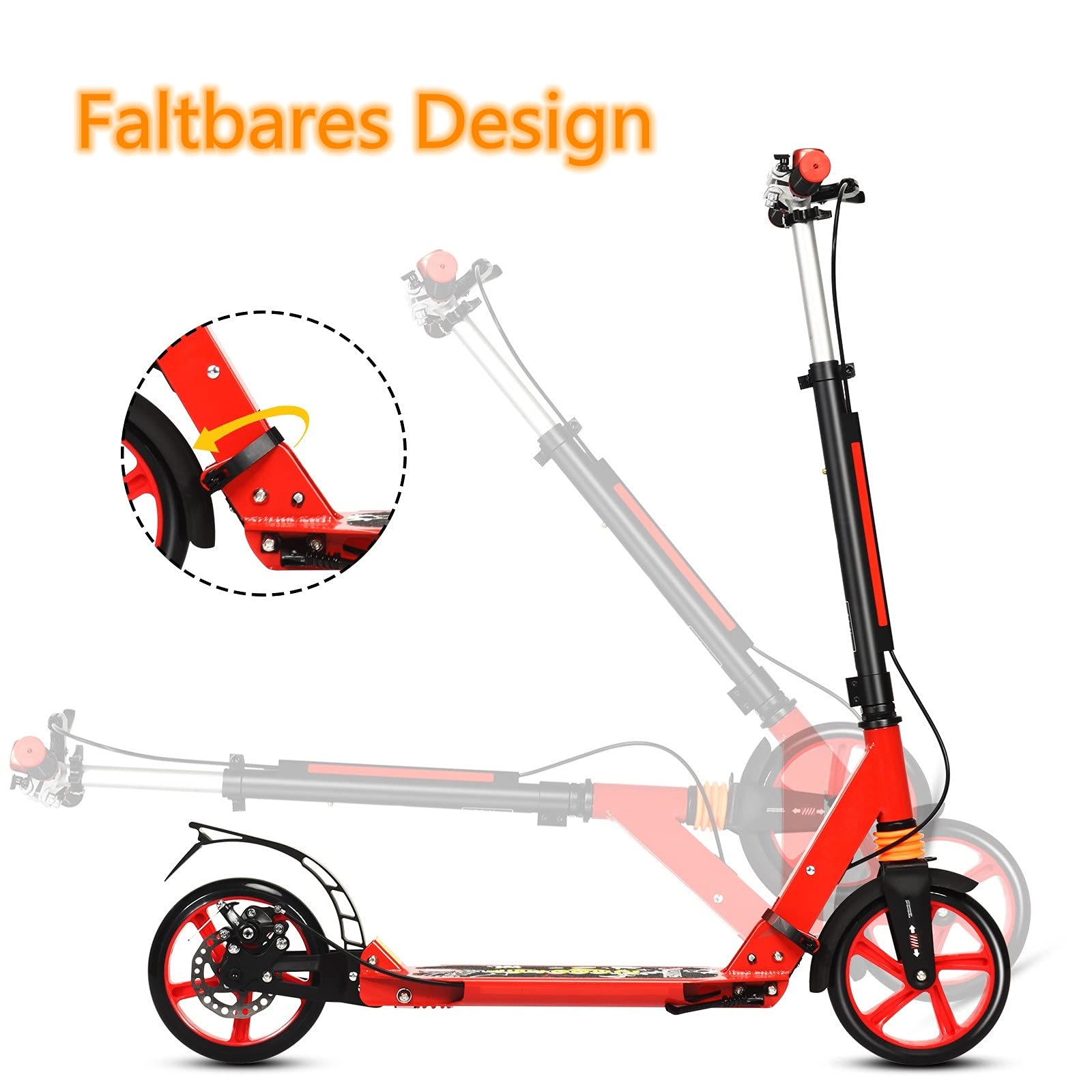 GYMAX Patinete de Acrobacias Regulable en Altura, Plegable, Ruedas de 200 mm, Patinete Deportivo con Doble Suspensión, Incluye Timbre y Correa, Soporta hasta 100 kg, para Niños y Adultos