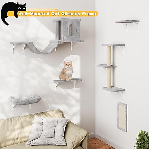 Miniatura 3 de NUNU LAB Estantes de pared para gatos, 6 piezas de lujo montado en la pared, muebles de interior para gatos con 1 casa de condominios, 2 estantes de