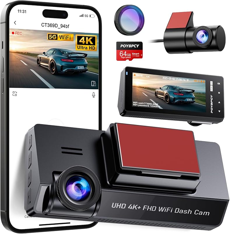 Dashcam Voiture 4K+1080P,5GHz WiFi Dashcam avec CPL Filte,Carte SD 64G, 360° Camera Voiture,3.69" Grand Angle 170°,Mode Stationnement 24H,G-Capteur,Vision Nocturne,Enregistrement en Boucle
