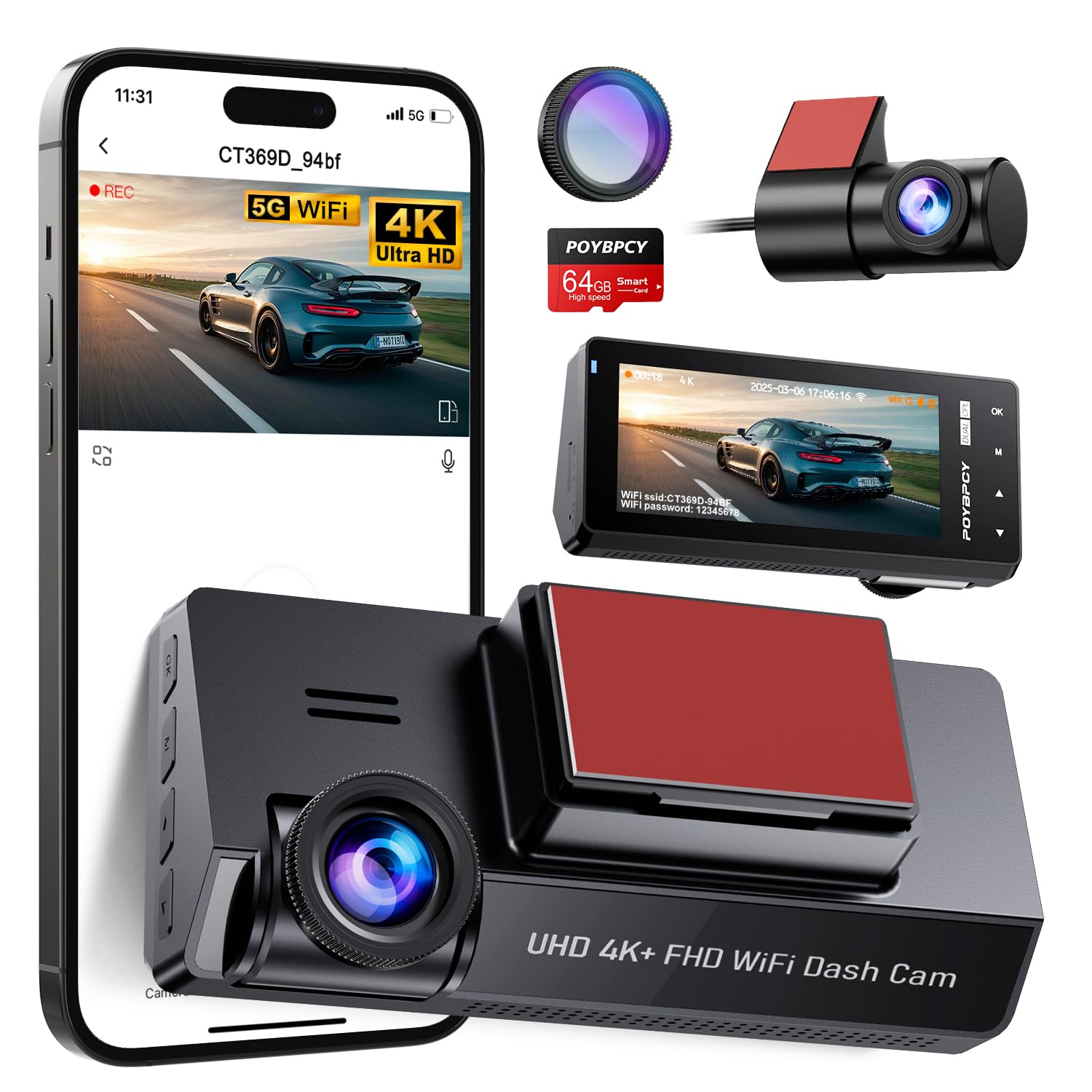POYBPCY Dash Cam Auto 4K+1080P con Filtro CPL,Doppia WiFi Telecamera Auto Scheda da 64 GB, Dashcam Display IPS da 3.69",Visione Notturna+WDR,G-Sensor,Registrazione in loop,24H Monitor di Parcheggio