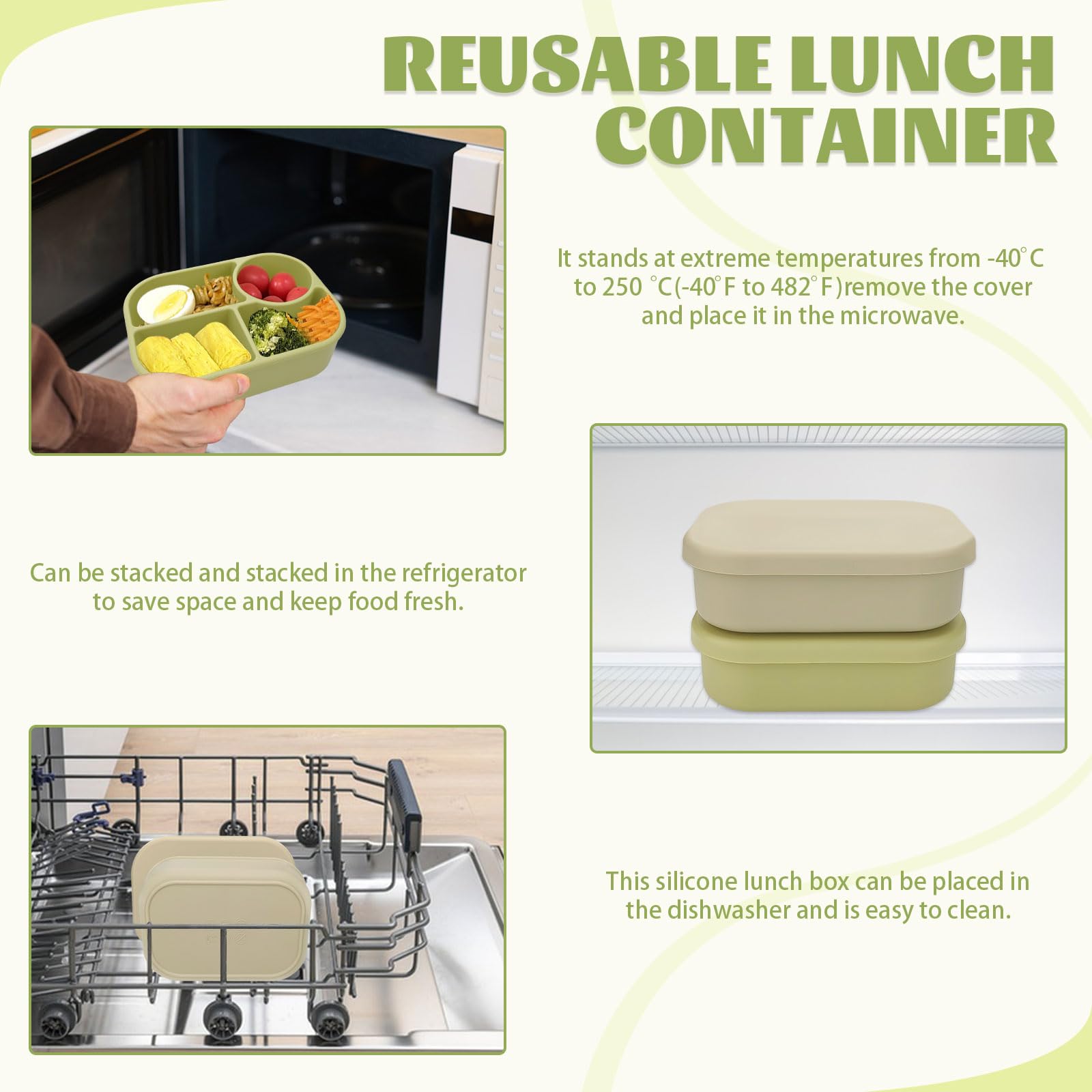 LELE LIFE Paquete de 2 cajas bento de silicona, contenedor de almuerzo hermético de 4 compartimentos, contenedores de almacenamiento de alimentos divididos de 850ml para preparación de meriendas y