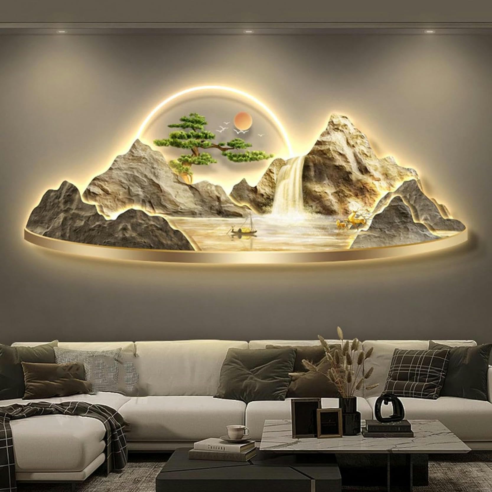 Sculpture murale moderne 3D LED : tableau de paysage style chinois pour bureau