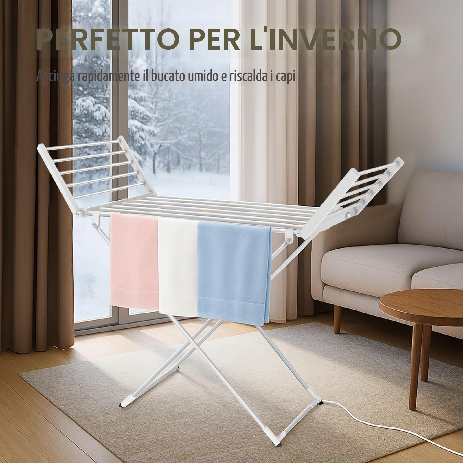 Todeco Estante Eléctrico de Lavandería, Stendibiancheria Elettrico | Tendedero Plegable para Interior, Aleación de Aluminio, Clásico, Blanco