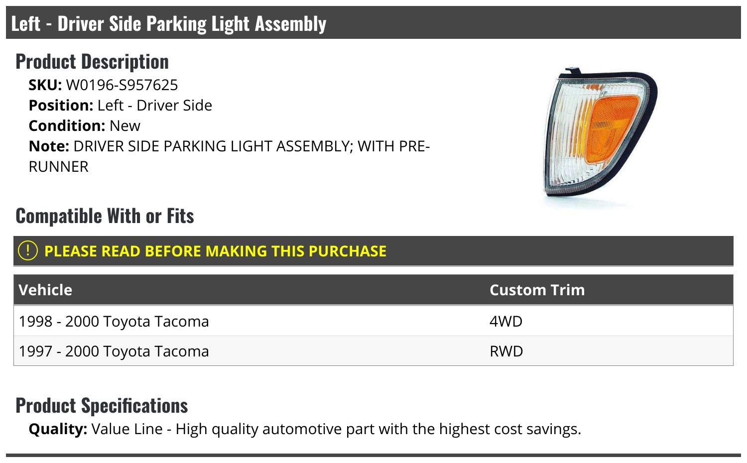 Marketplace Auto Parts Left Driver Side Parking Light Assembly - Compatible with 1997-2000 Toyota Tacoma (with Pre Runner)