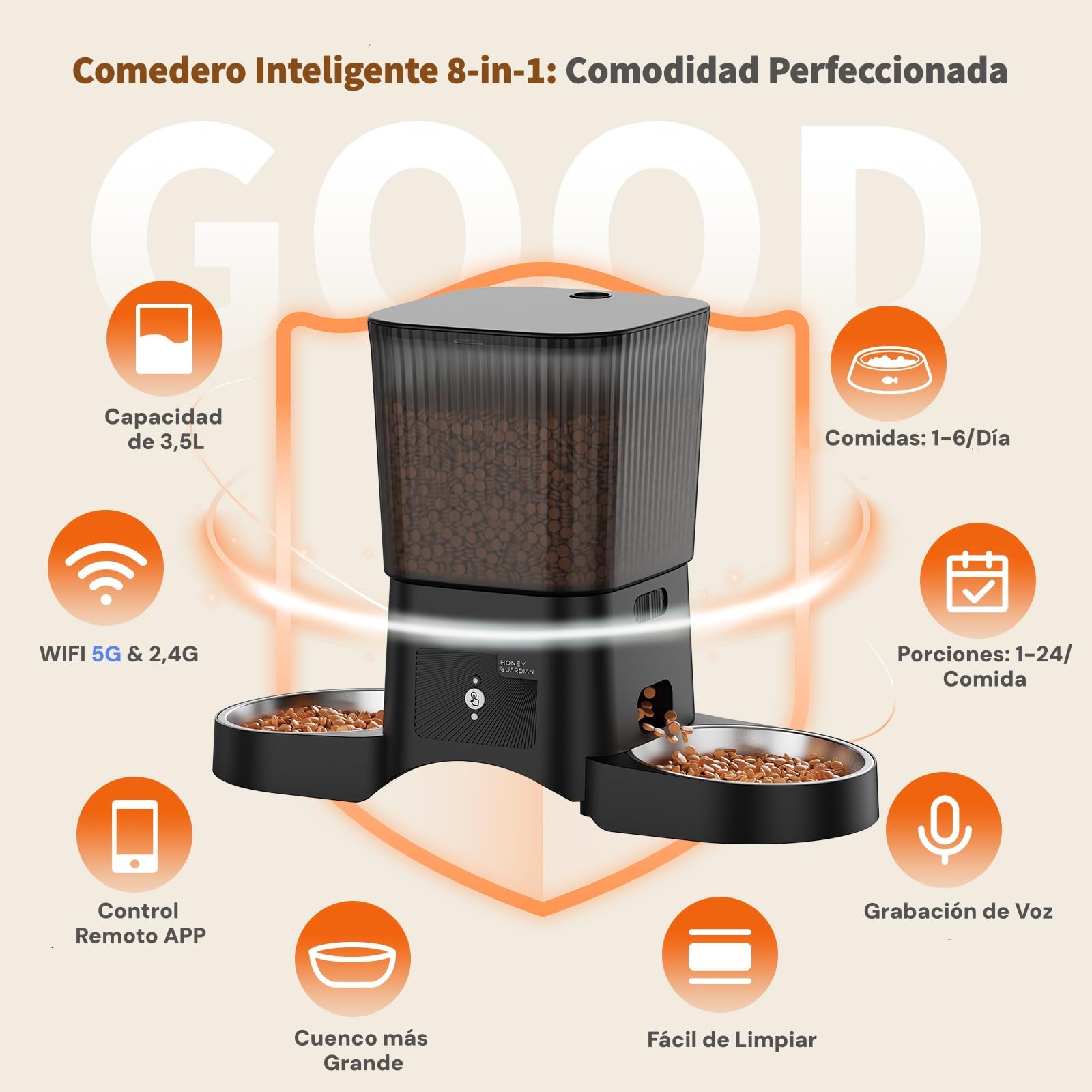 Comedero Gato Automatico 5G WiFi, HONEYGUARDIAN Dispensador Comida Seca Gatos Perros, Alimentador Automatico Gato Fácil Operación con Control App, 4 Cuencos (Acero inoxidable + Lento), 1-6 Comidas/Día