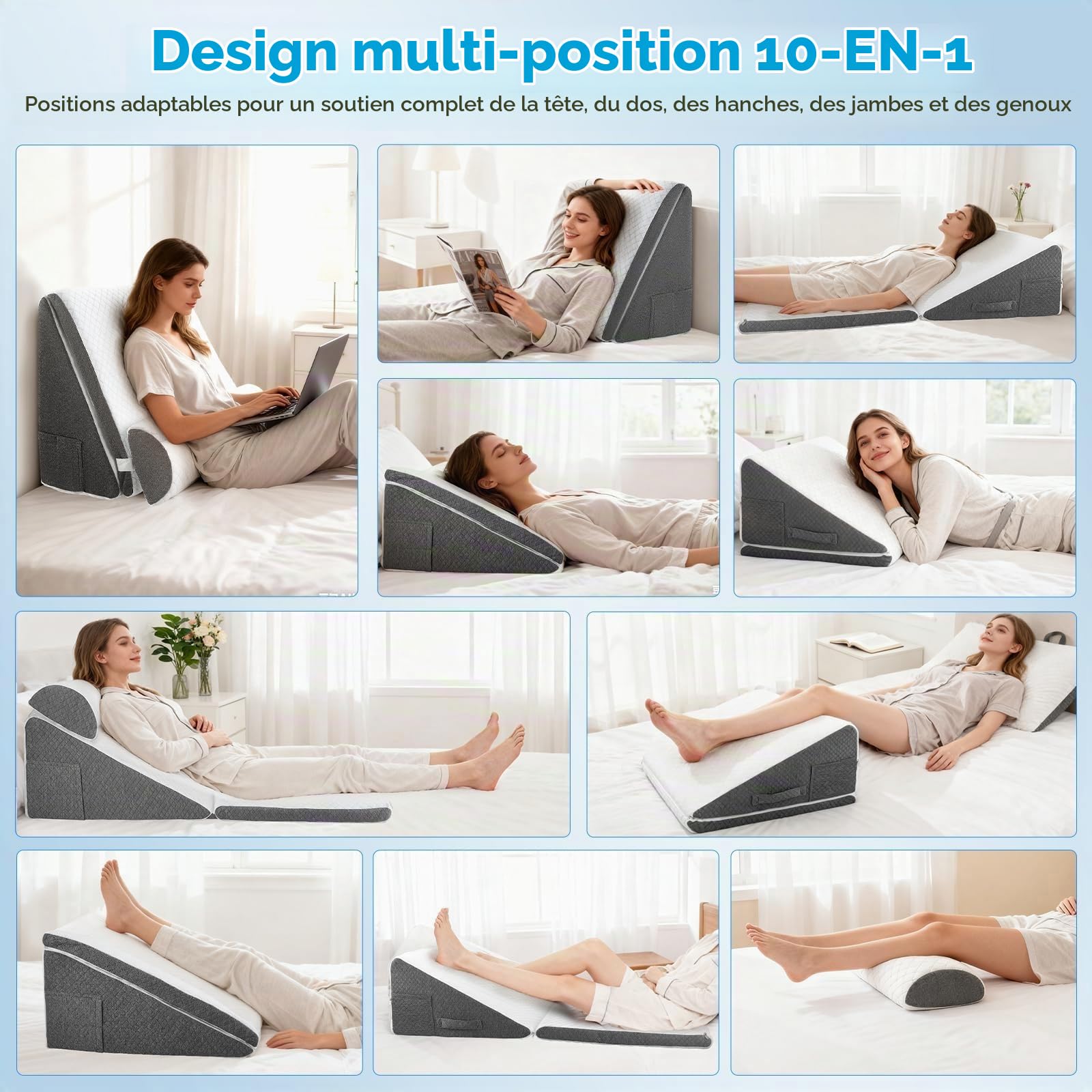 Oreiller orthopédique 3 en 1 pour l'apnée du sommeil avec oreiller réglable, oreillers compensés pour reflux acide, soulagement de la douleur, rongeur, élévation des jambes avec couverture