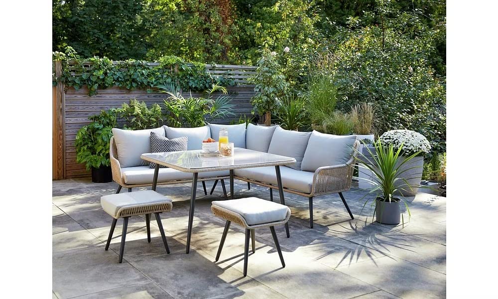 LOCCUS L-Shaped Outdoor Patio Furniture Set – Rope Woven Sectional Sofa with Cushions & Center Table, All-Weather Conversation Set for Garden, Balcony, Porch, Patio (Beige & Grey)