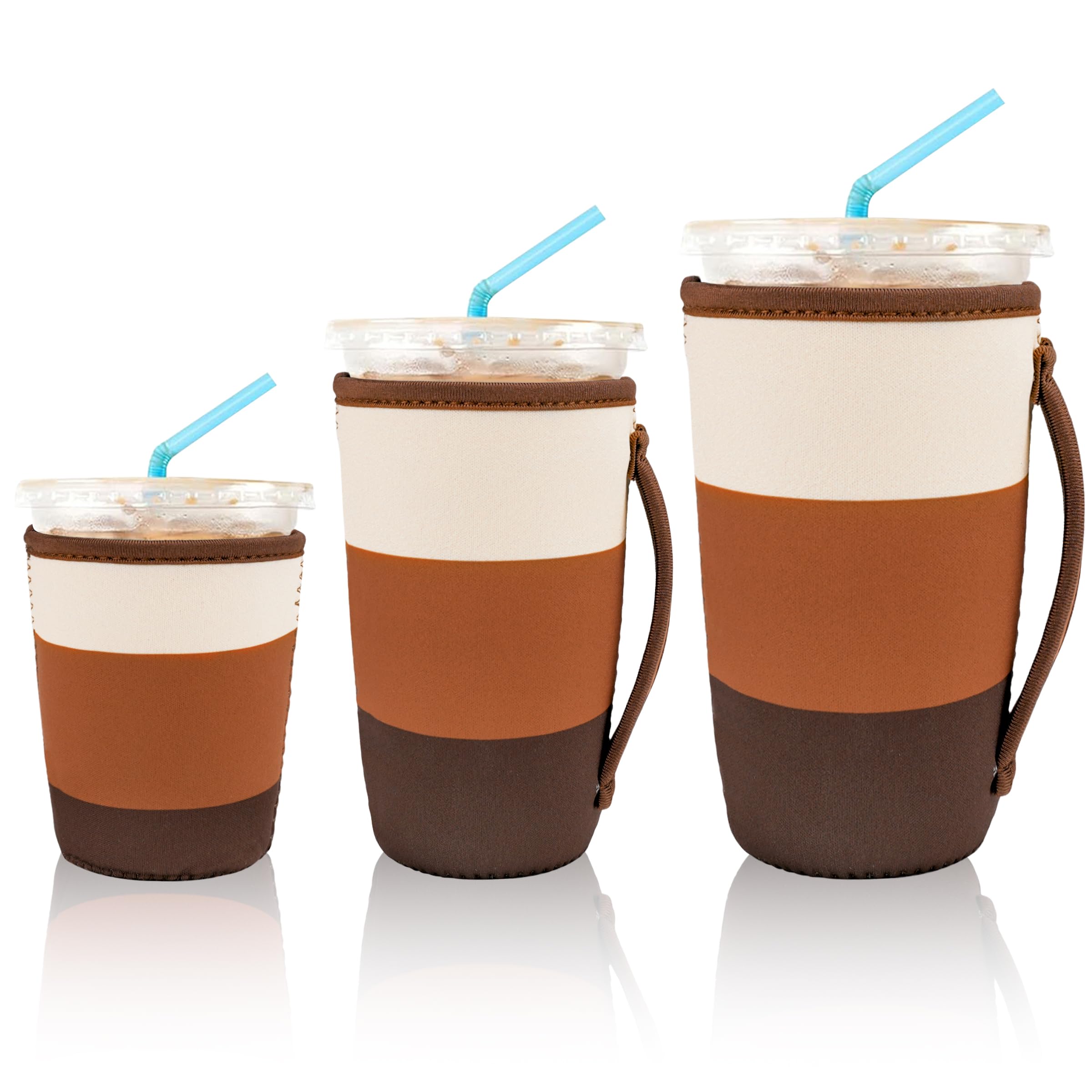 KJQJLY 3 Pack Reusable Iced Coffee Sleeves for Iced Coffee Cups or Drinks Reusable Neoprene Insulated Sleeves for Hot and Cold Drinks from Starbucks, Dunkin, And More (Mocha Brown)