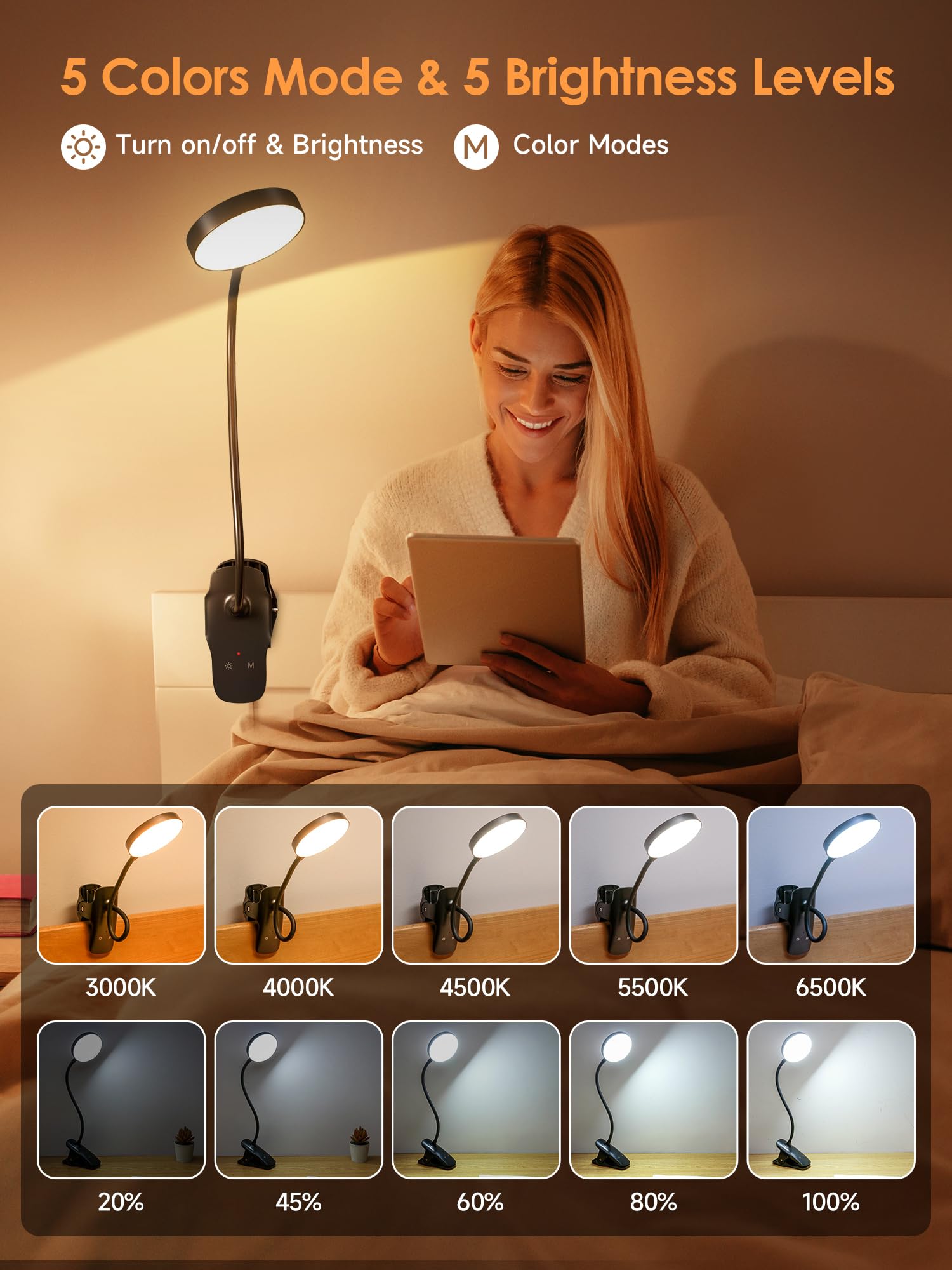 One Fire Desk Lamp, 1800mAh Wireless Lamp 60h of Use, 5 Brightness/5 Colors/Memory Desk Light USB Lamp,Flexible Table Lamp - Image 2