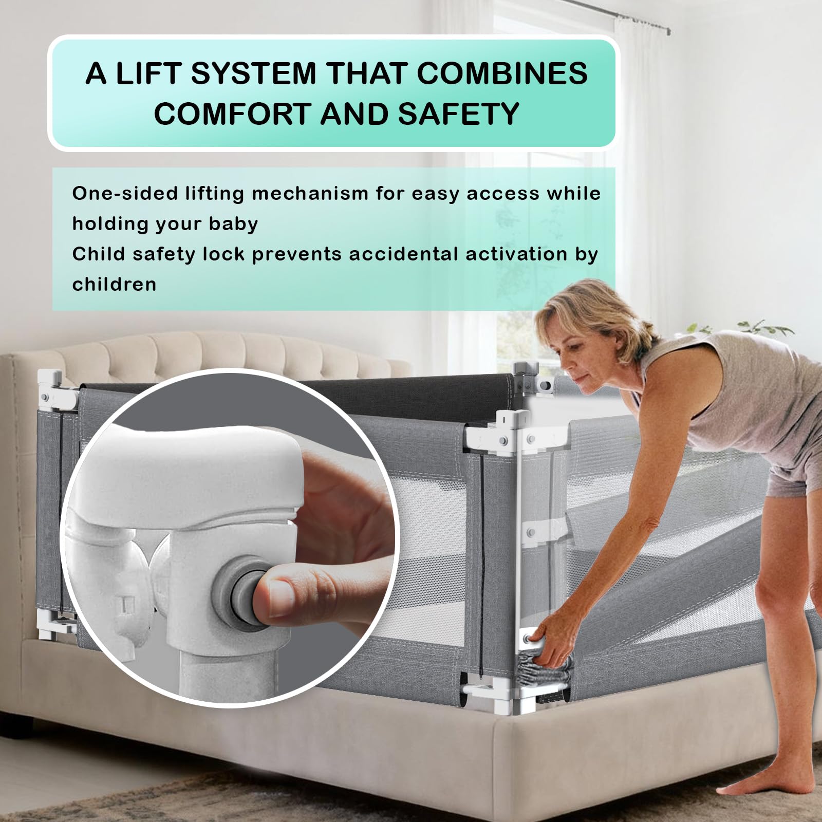 ZAHNHASE Barriera Letto Bambini Viaggio Guardrail sicurezza/protezione removibile per letto bambino - 180cm,Grigio,1pc