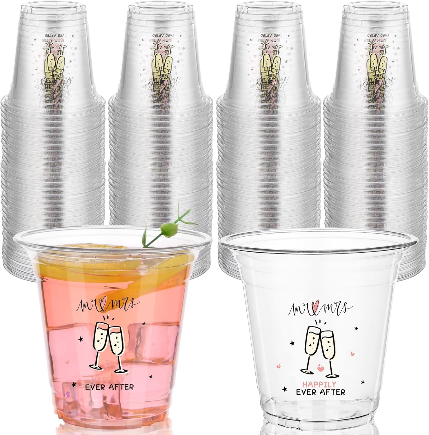 200 Pack Plastic Wedding Cups Bulk 12oz Disposable Clear Party Mr and Mrs Cup for Bridal Shower Anniversary Reception Birthday Parties Supplies
