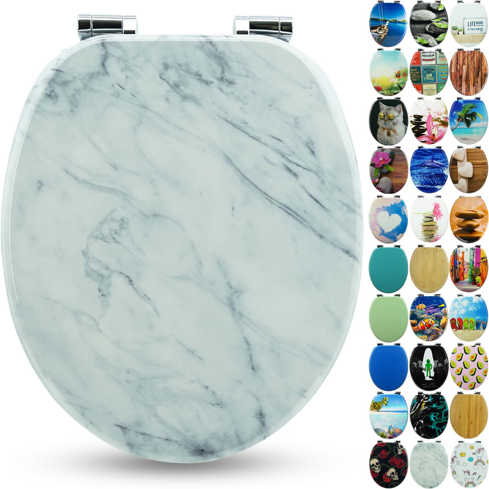 Sanfino® Premium Toilet Seat with Soft Close - Wooden Toilet Lid, Lots of Colourful and Decorative Designs, high Seating Comfort, Easy to Install Including Instructions - "Marmor" — image 1