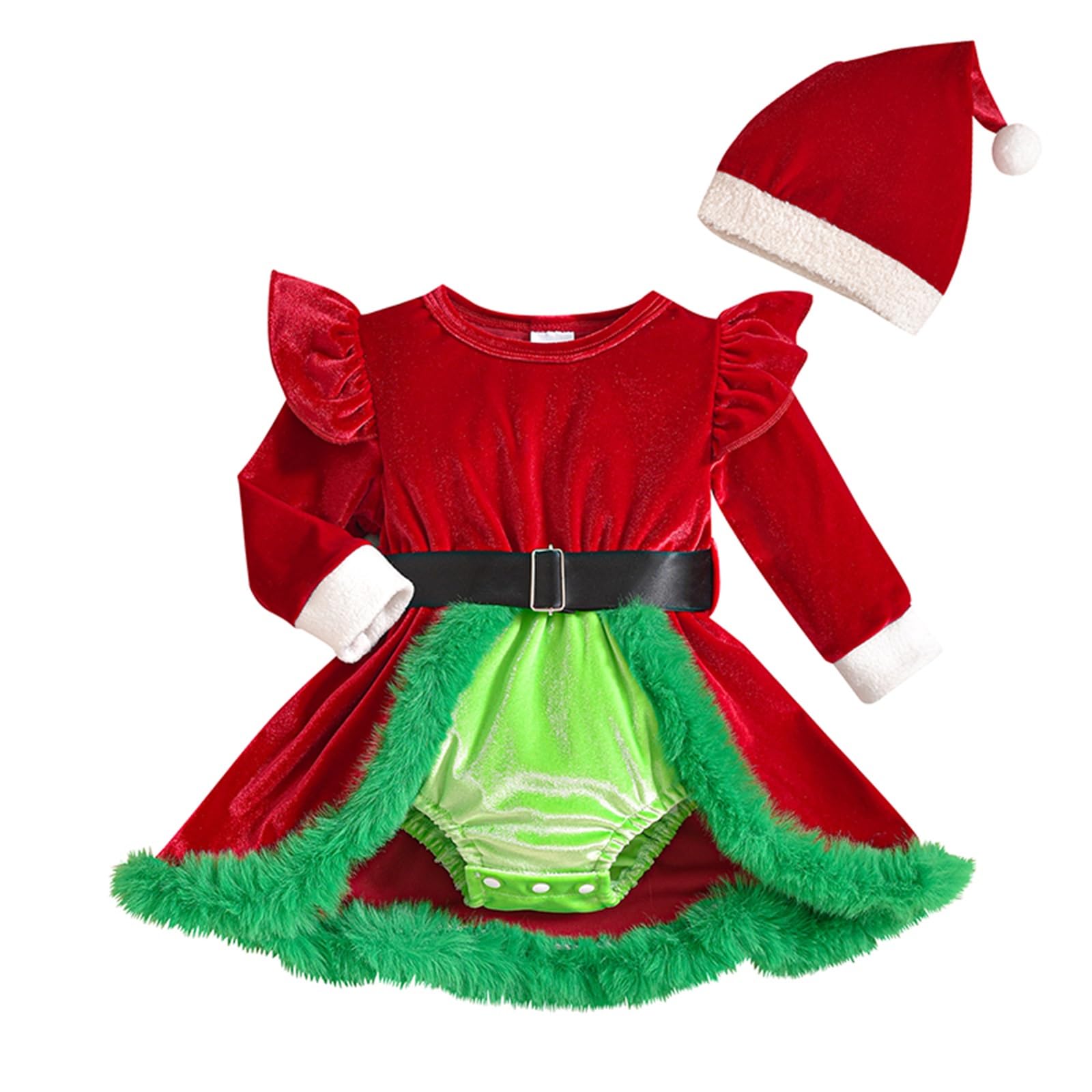 Springcmy Baby Girls Christmas Romper Dress Long Sleeve Terry Trim Red Velvet Jumpsuit with Santa Hat Infant Xmas Outfit (B-Green, 3-6 Months) — image 1