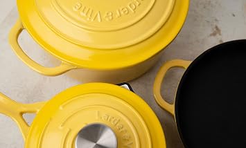 Larder & Vine 5-Piece Enameled Cast Iron Cookware Set - Includes 5.7 Quart Dutch Oven with Lid, 10.25 Inch Skillet, 2.2 Quart Saucepan with Lid (Limoncello)