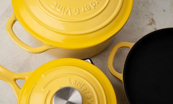 Larder & Vine 5-Piece Enameled Cast Iron Cookware Set - Includes 5.7 Quart Dutch Oven with Lid, 10.25 Inch Skillet, 2.2 Quart Saucepan with Lid (Limoncello)