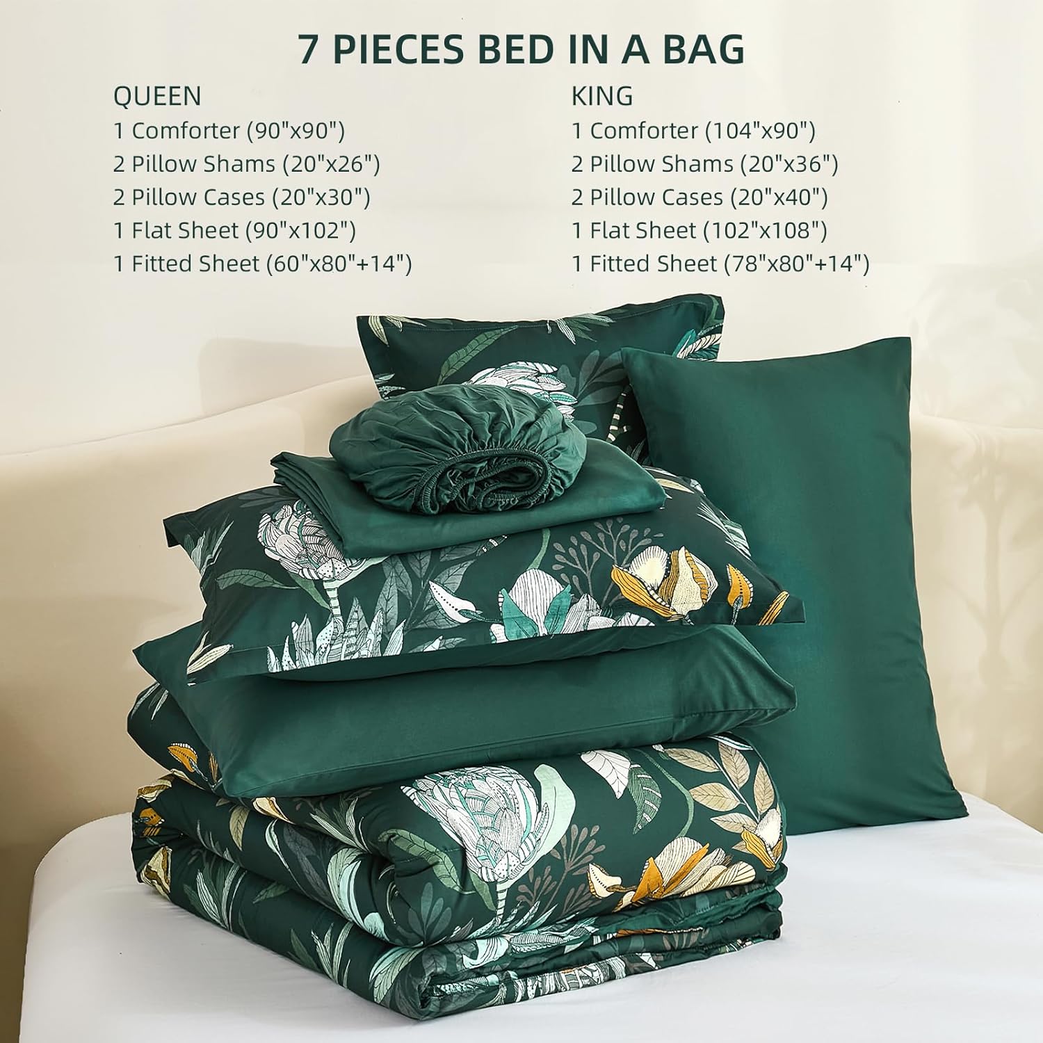 Luxudecor King Comforter Set 7 Pieces Bedding Sets, Dark Green Floral Comforter and Sheet Set, Soft Microfiber Bed in a Bag for All Seasons (Dark Green,104"x90") - Image 9