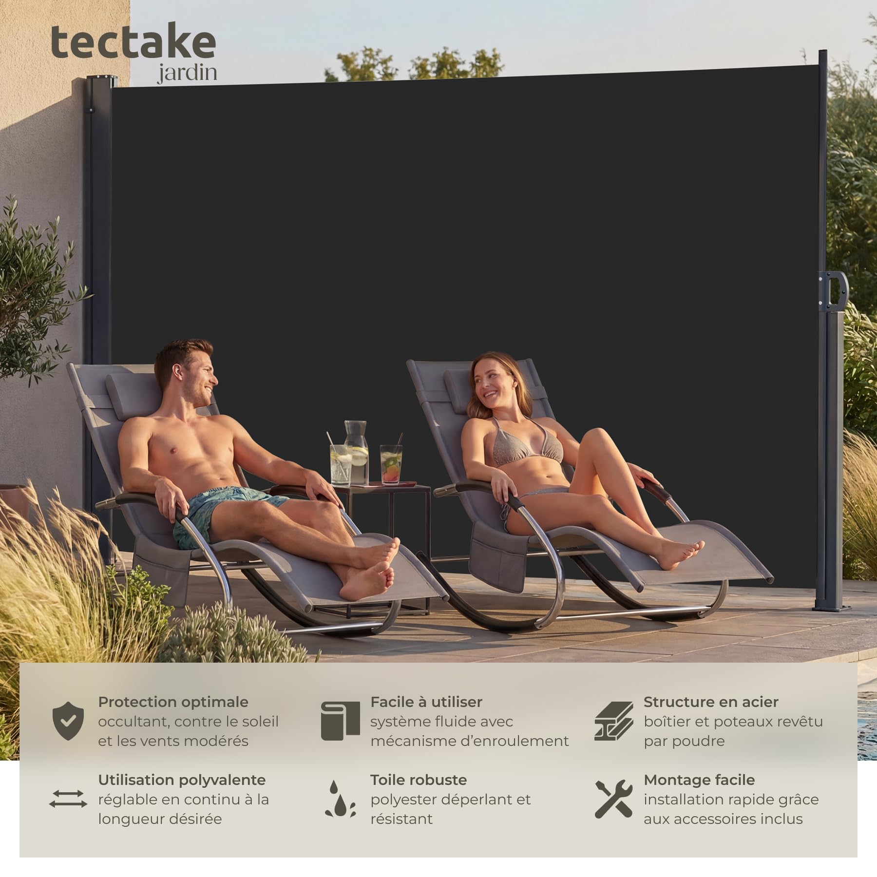 tectake® Store latéral 200 x 300 cm, Résistant aux intempéries, Protection Soleil et Vent, Brise Vue Opaque, Tissu en Polyester Enduit, Auvent latéral Extensible, Mécanisme d'enroulement - Noir