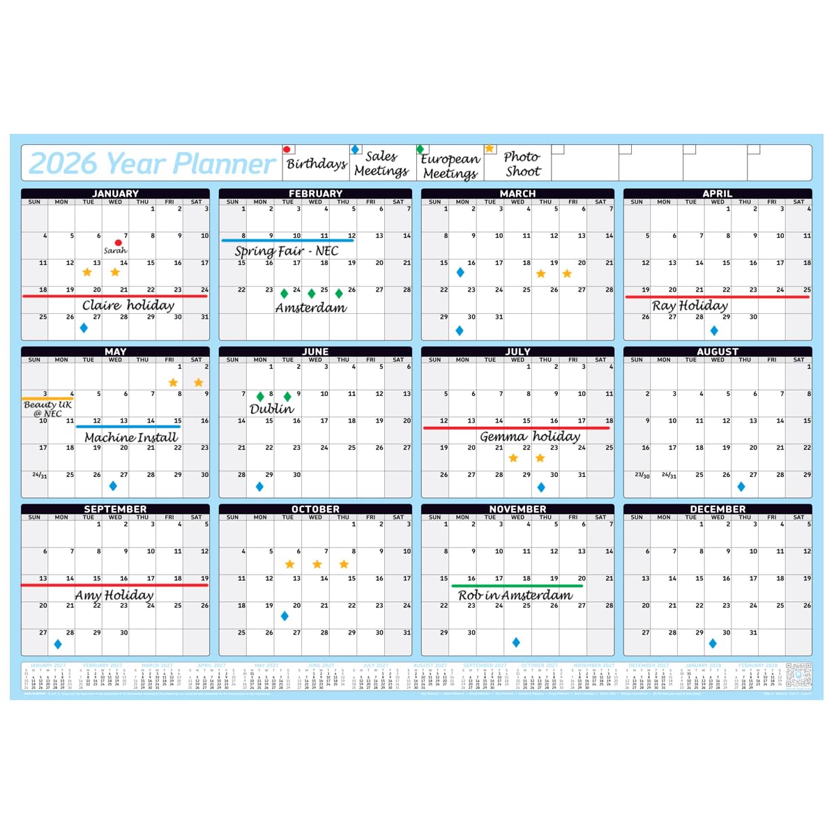 PlannerHead 2026 Grid Style Unmounted & Unlaminated Wall Planner Calendar Chart Poster 12 Months/Yearly Calendar 2026/2027 Footnote/Flexible for Any Country/Sky Blue Gigantic (90x135cm)