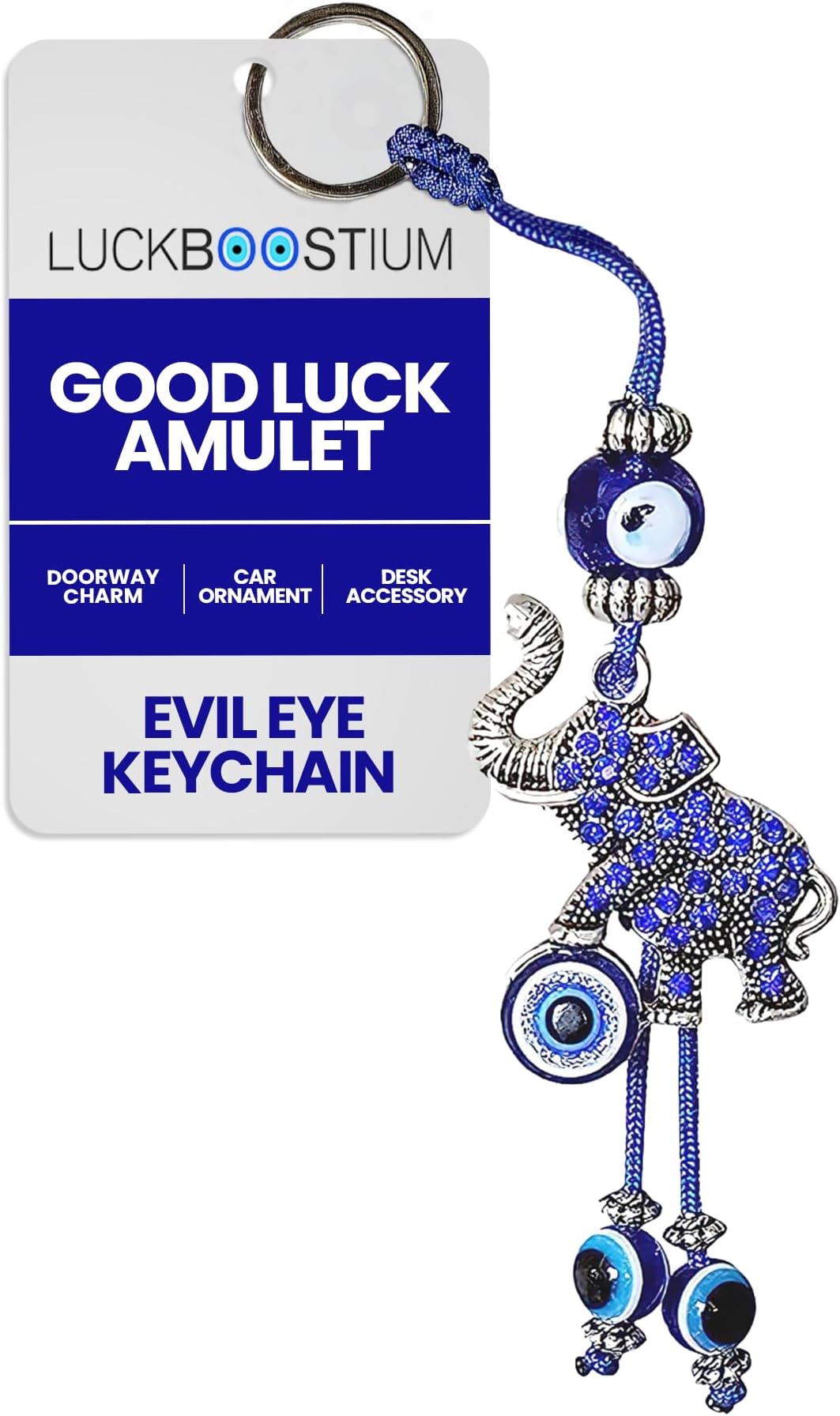 Evil Eye Silver Elephant with Blue Crystal Rhinestones