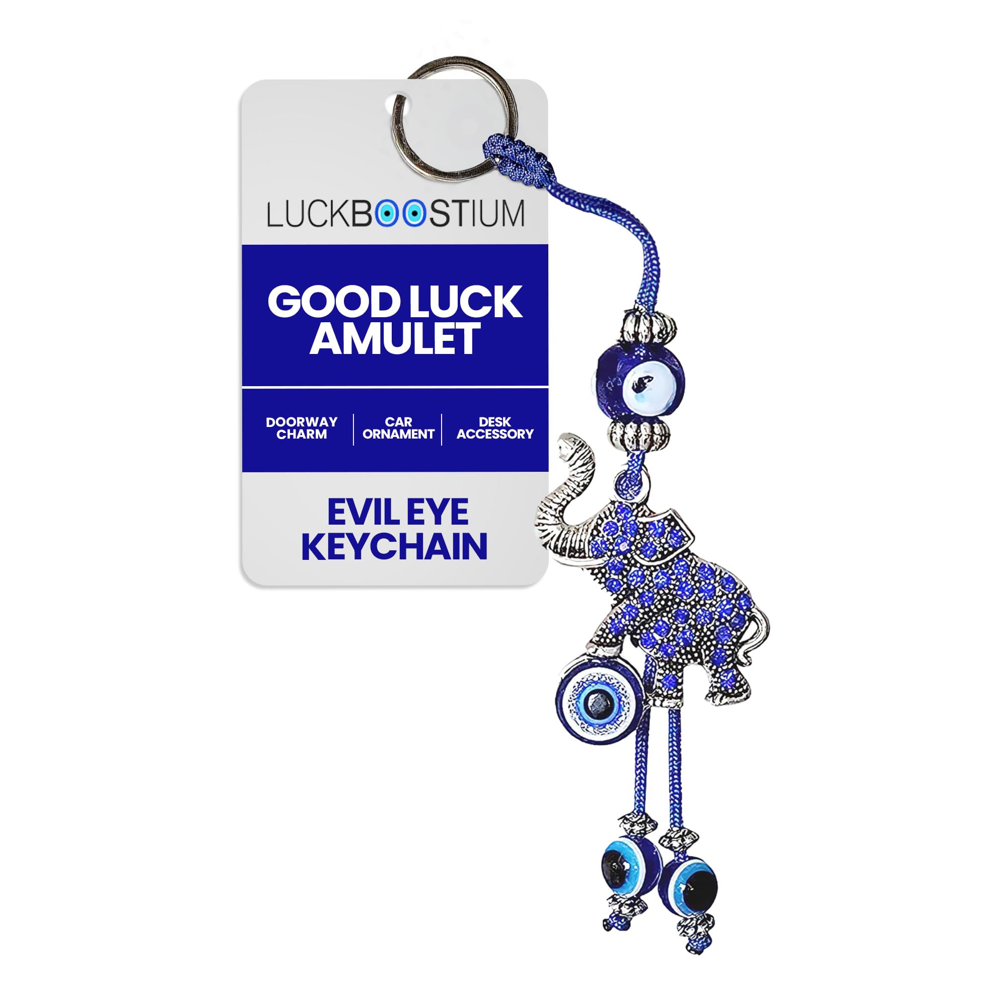 LUCKBOOSTIUM Evil Eye Elephant Keychain with Crystal Rhinestones – Protective Elephant Amulet for Good Luck, Spiritual Charms, Bag Accessories, Rear View Mirror or Doorway Charm, & Home Décor Piece